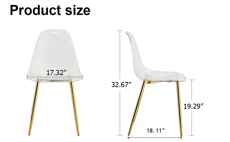 Clear acrylic dining chair with gold metal legs dimensions shown