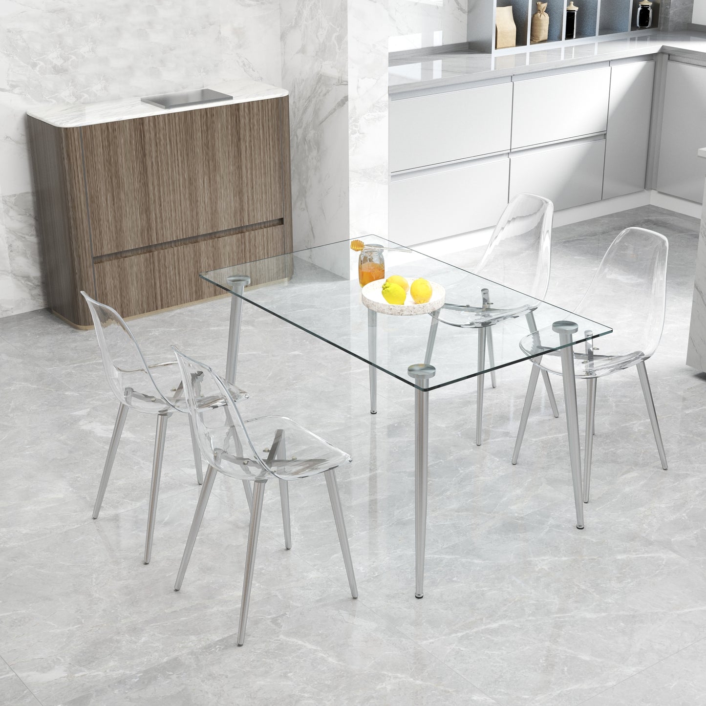 Modern glass dining table with transparent acrylic chairs and silver legs