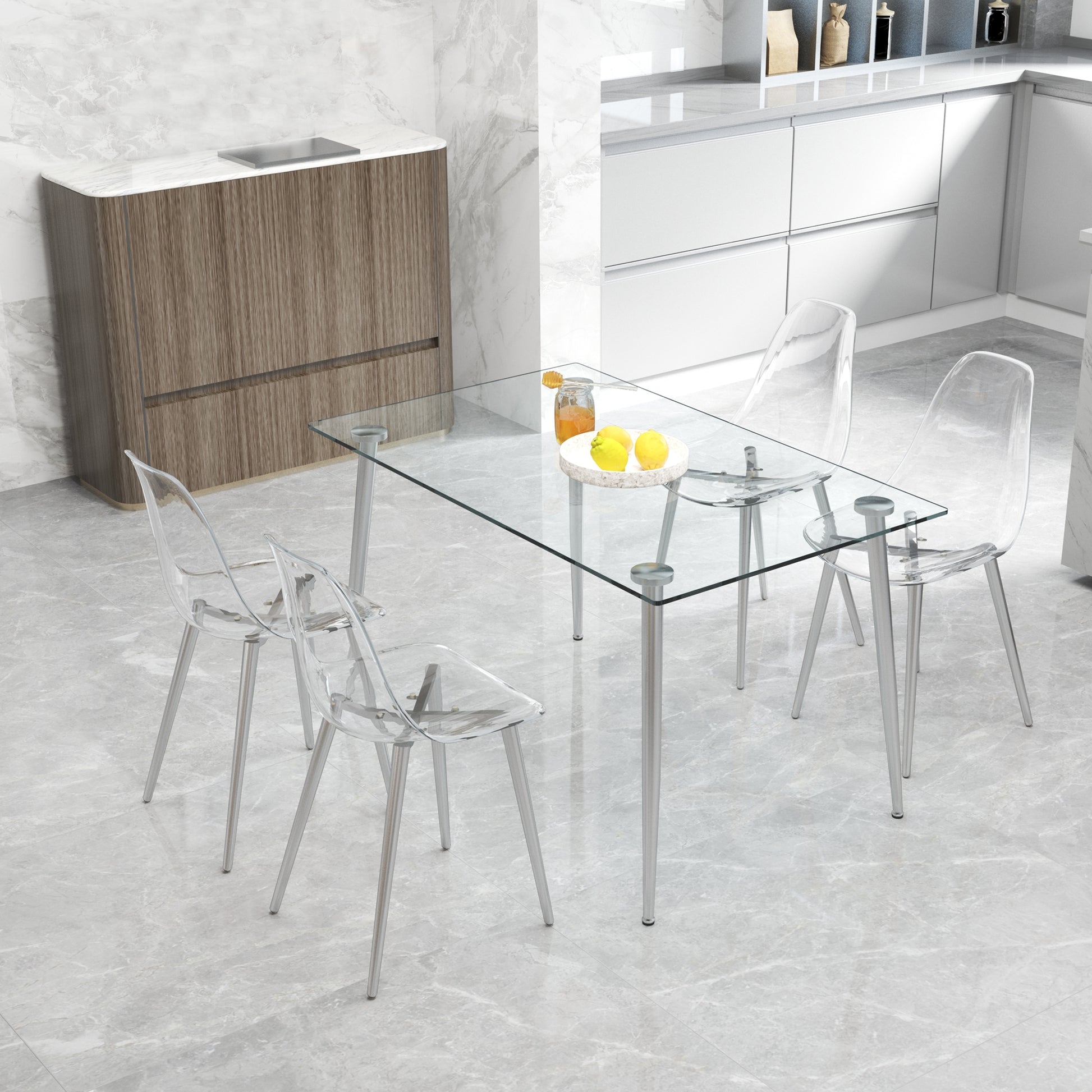 Modern glass dining table with transparent acrylic chairs and silver legs