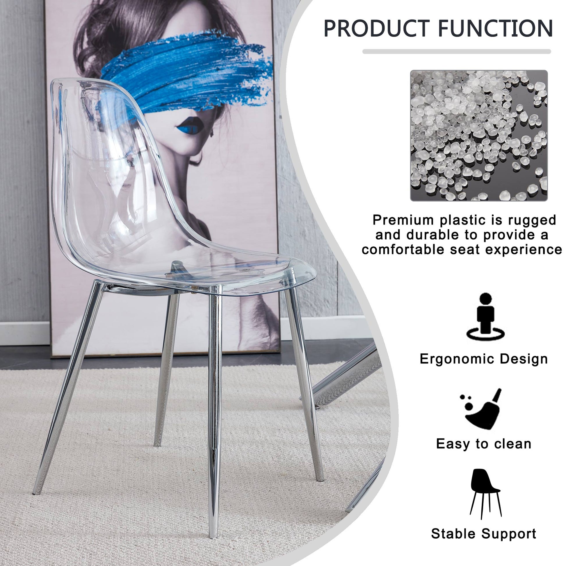 Clear acrylic dining chair with polished chrome legs