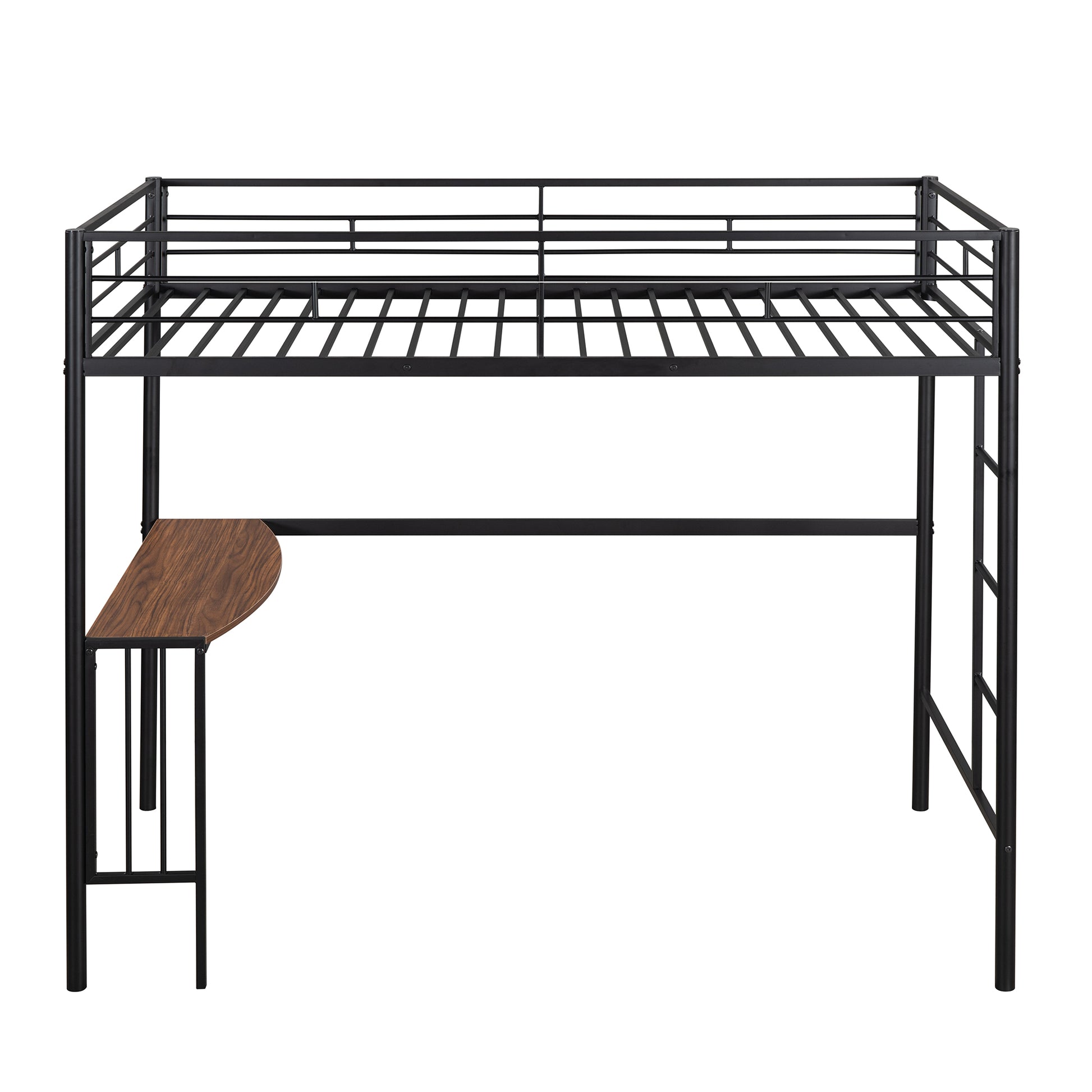 Black metal loft bed with attached wooden desk