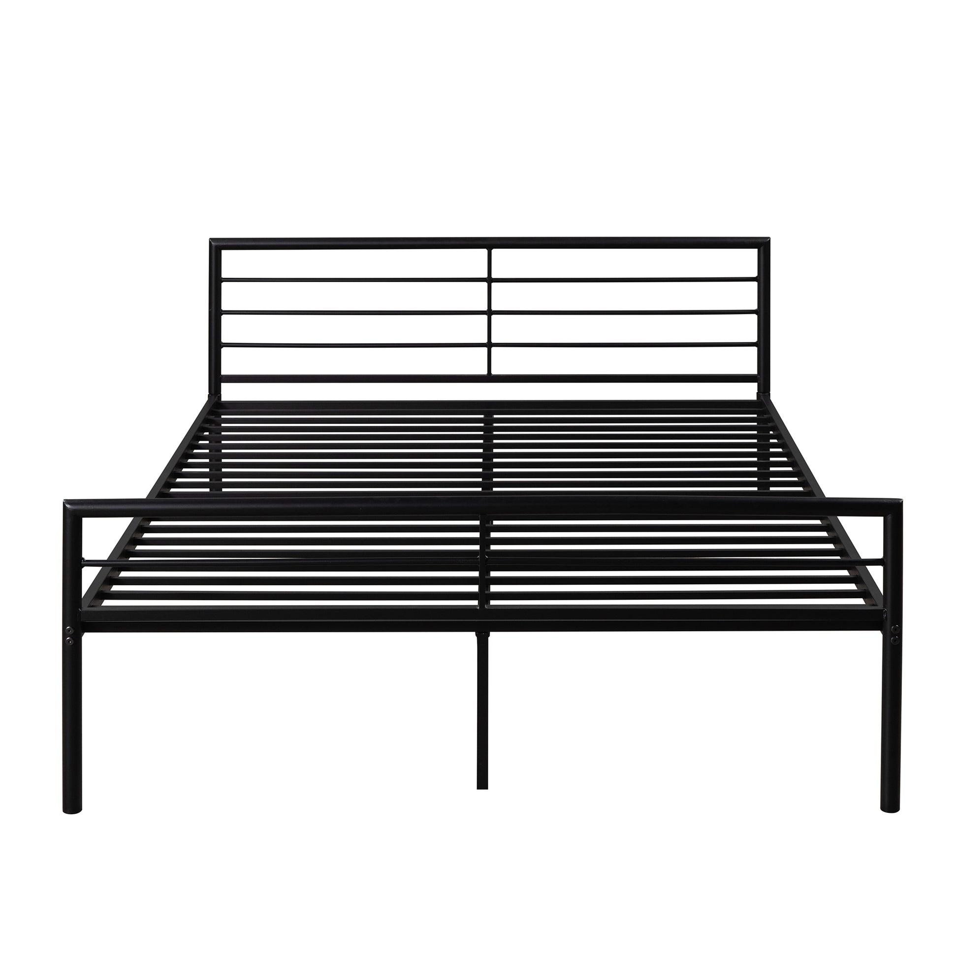 Black metal platform bed frame with horizontal slats and a minimalist headboard
