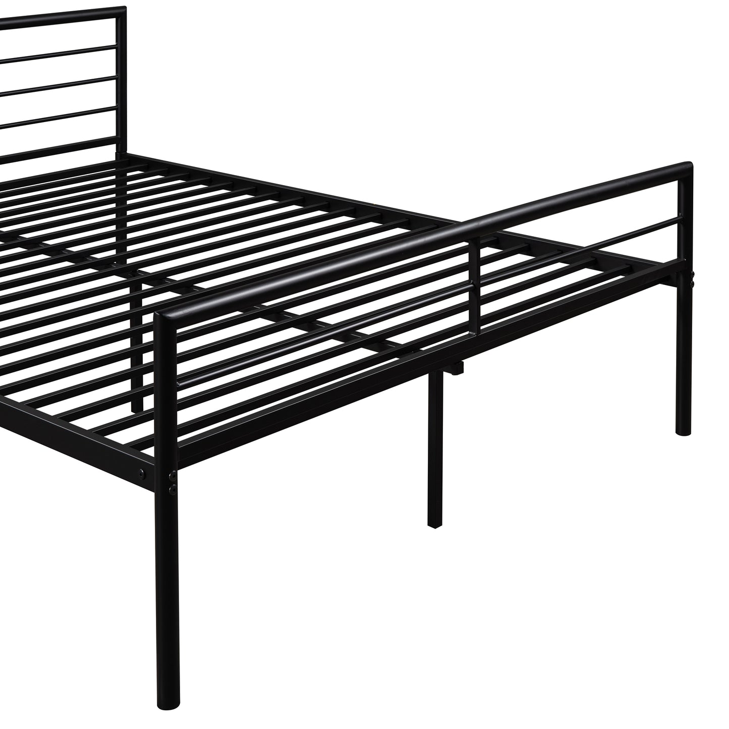 Black metal twin bed frame with slatted support and minimalist headboard