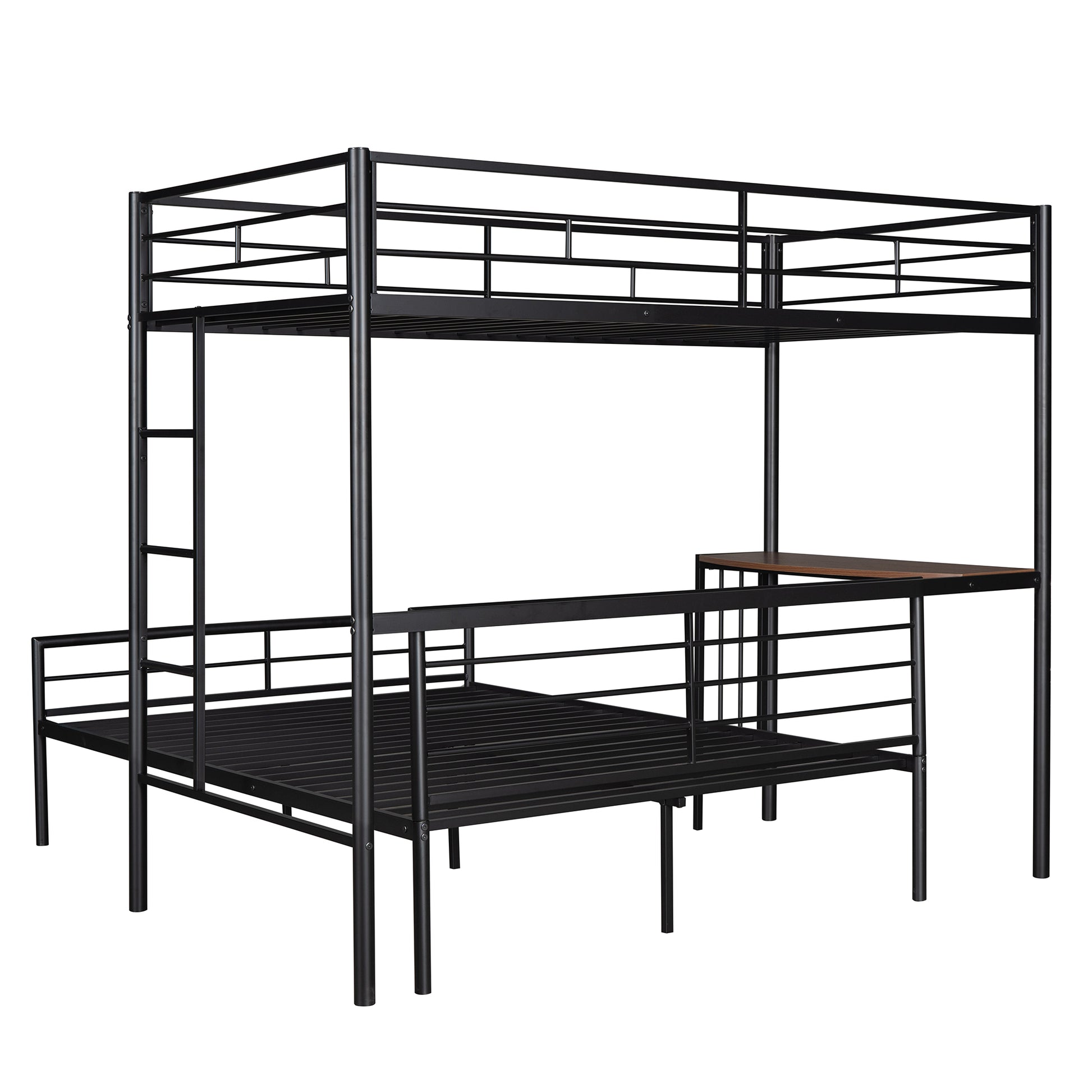 Black metal triple bunk bed with integrated desk and ladder