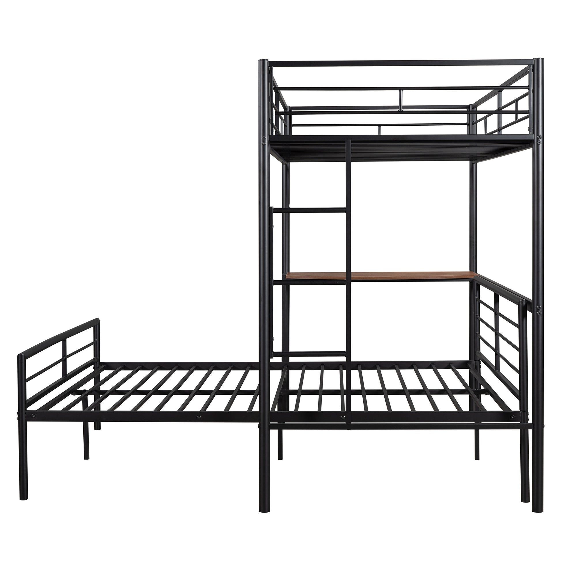 Black metal bunk bed with desk and attached twin bed