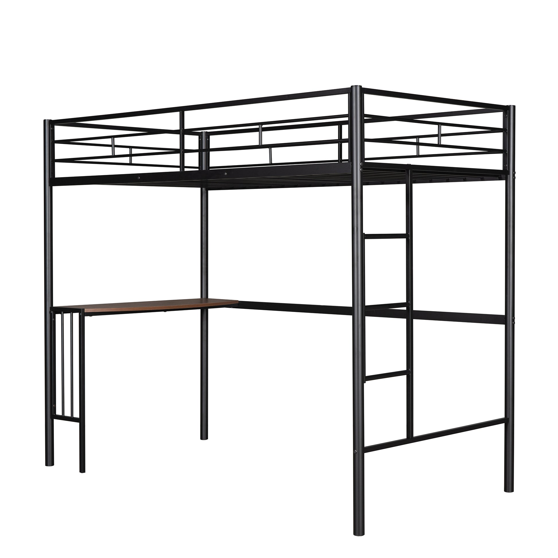 Black metal loft bed with integrated desk and ladder perfect for small spaces