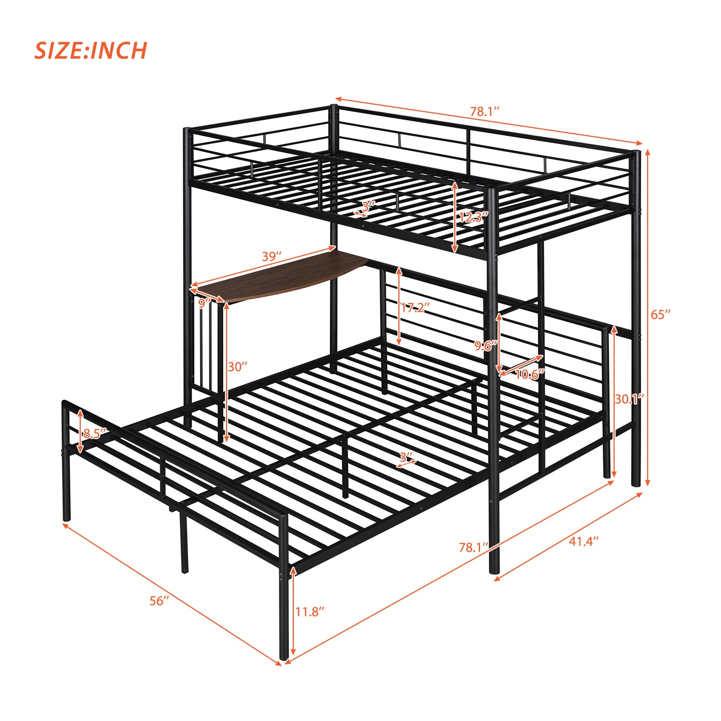 Black metal twin over twin bunk bed with builtin desk