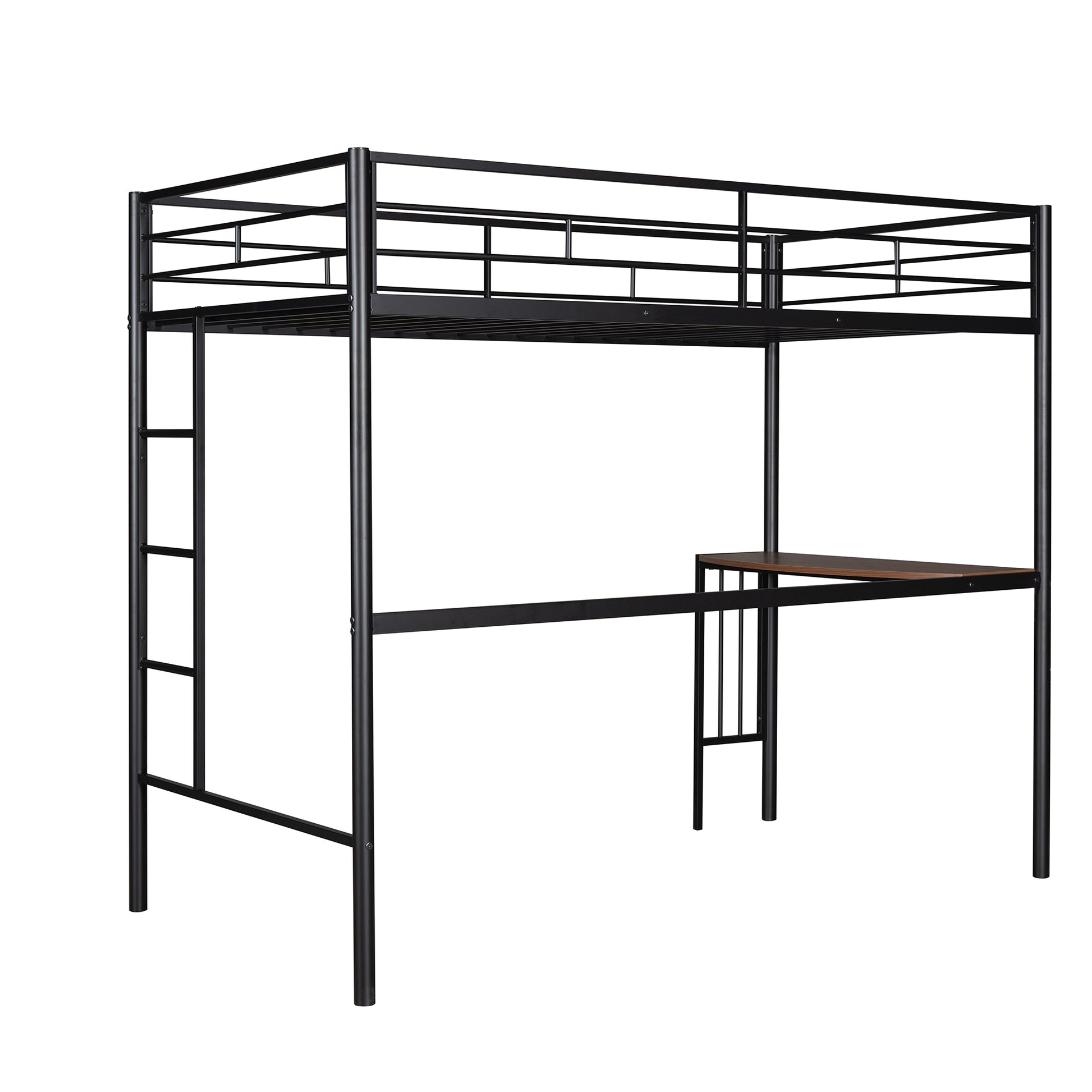 Black metal twin loft bed with integrated desk