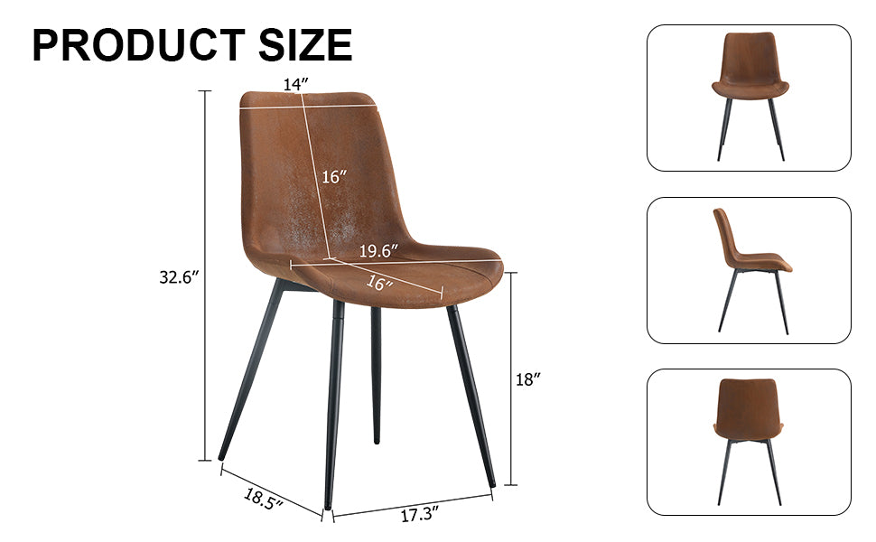 Brown faux leather dining chair with black metal legs and dimensions