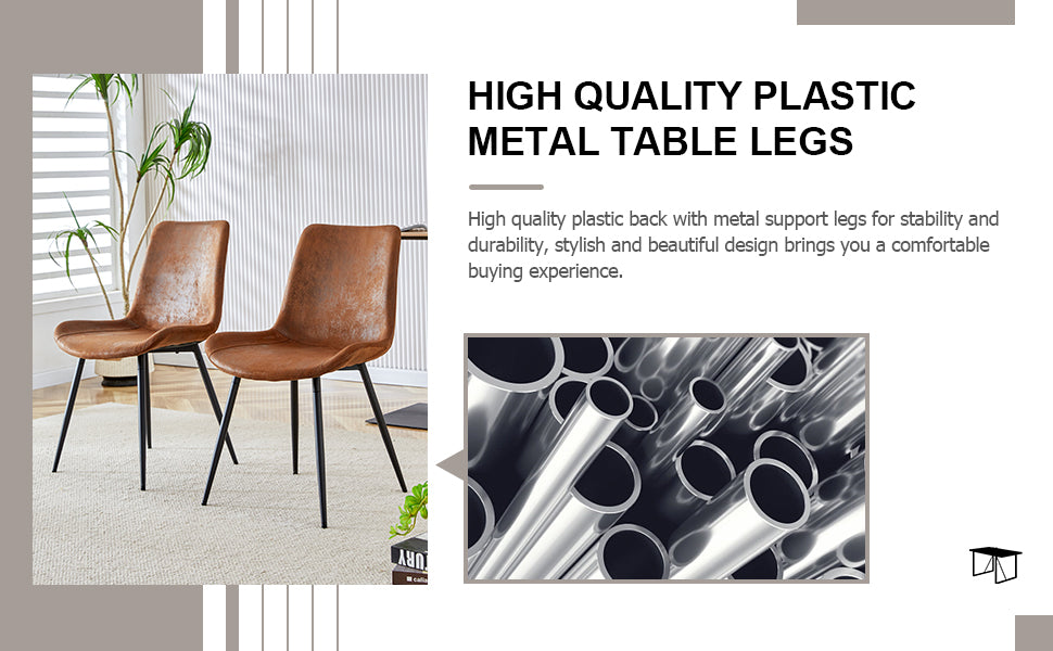 Two brown faux leather dining chairs with black metal legs