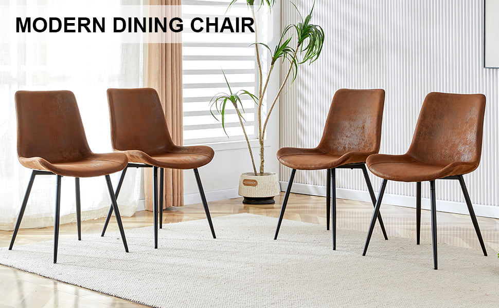 Brown faux leather modern dining chair with black metal legs