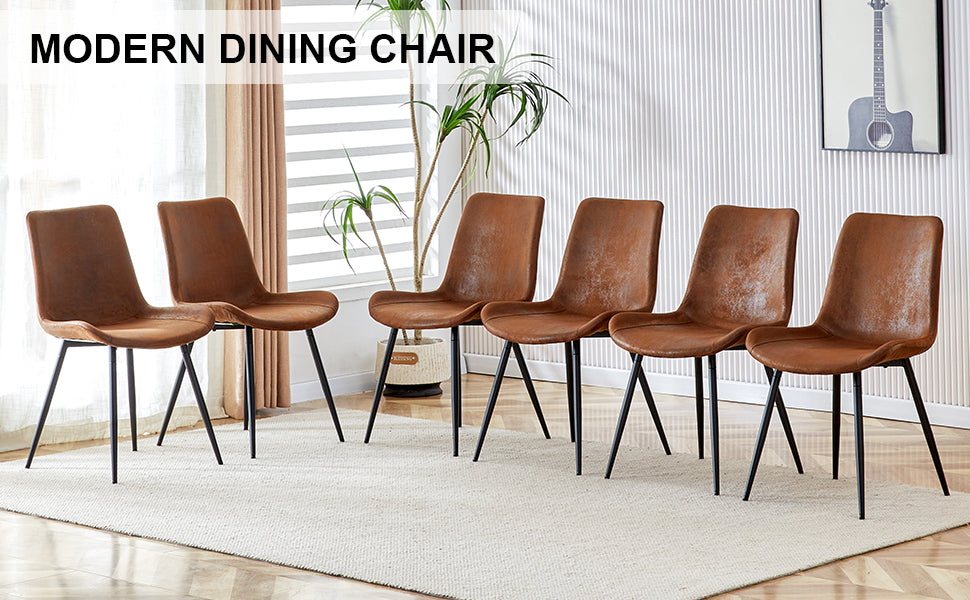 Brown faux leather dining chair with black metal legs