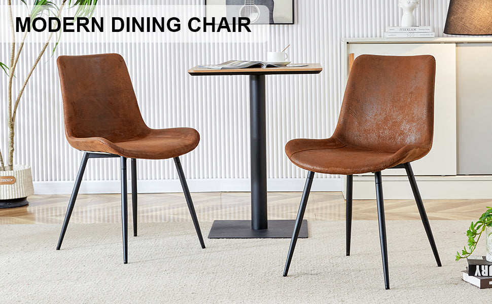 Brown faux leather modern dining chair with black metal legs