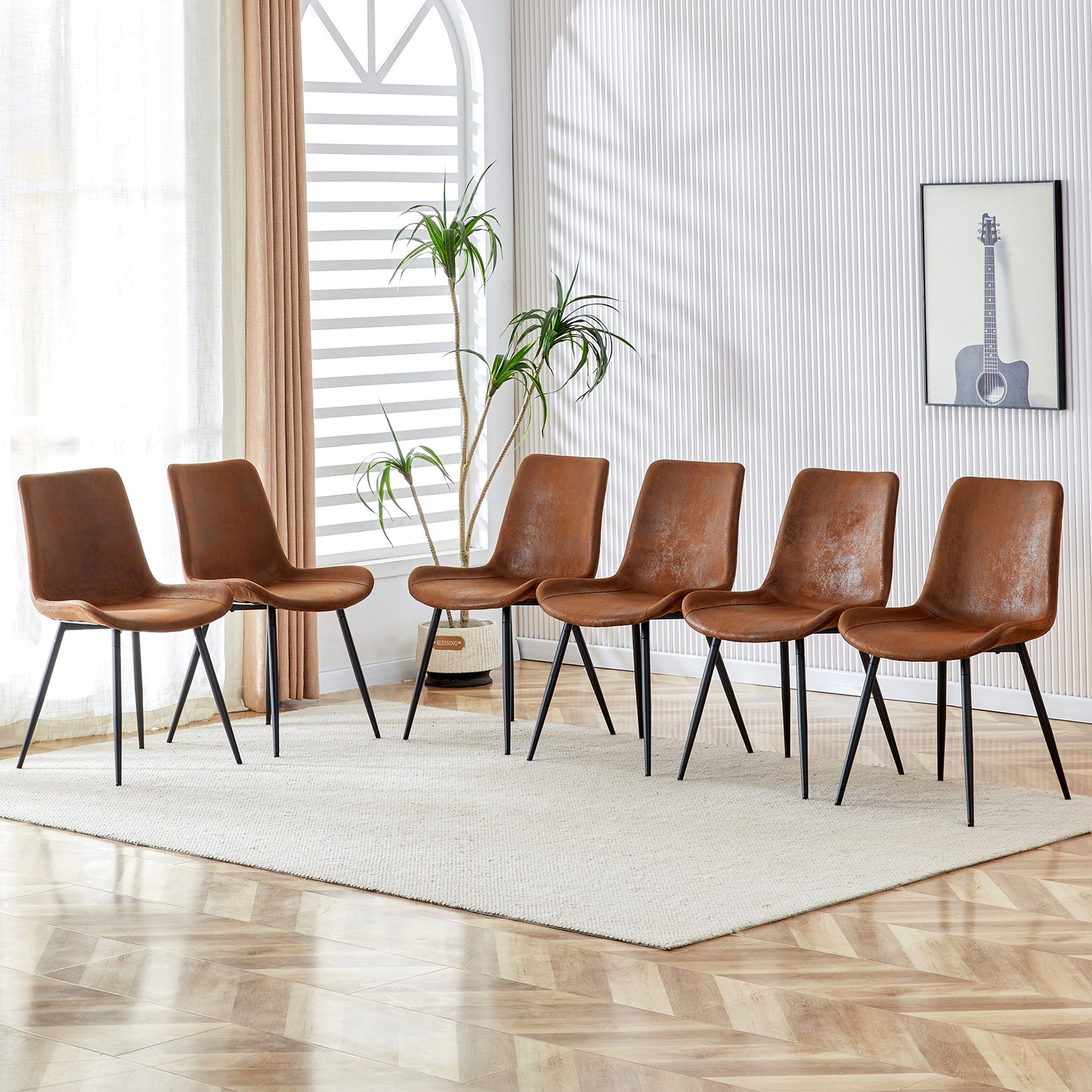 Brown faux leather dining chairs with black metal legs set