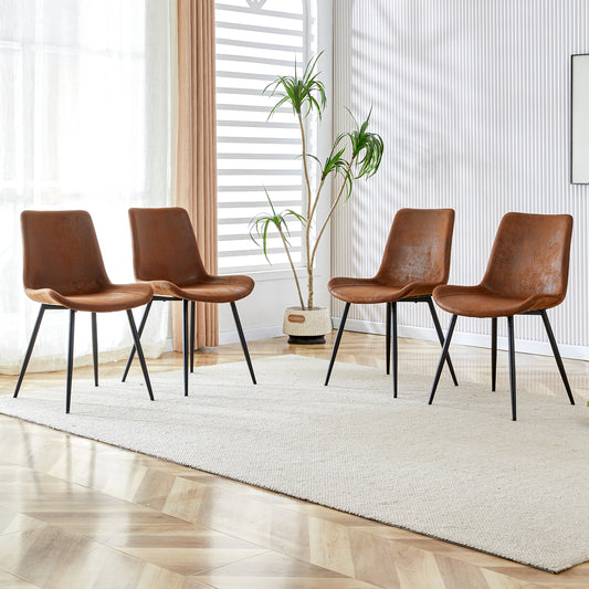 Four brown faux leather dining chairs with black metal legs