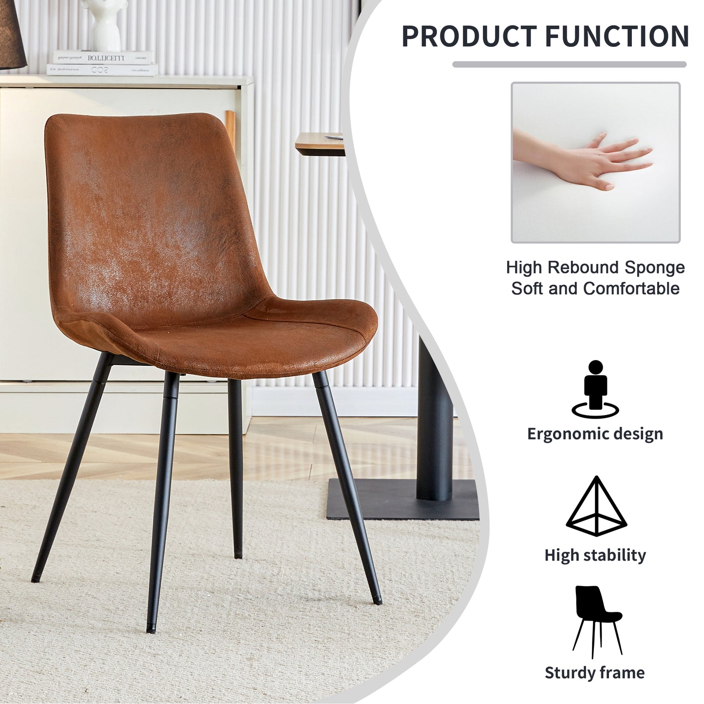 Brown faux leather dining chair with black metal legs