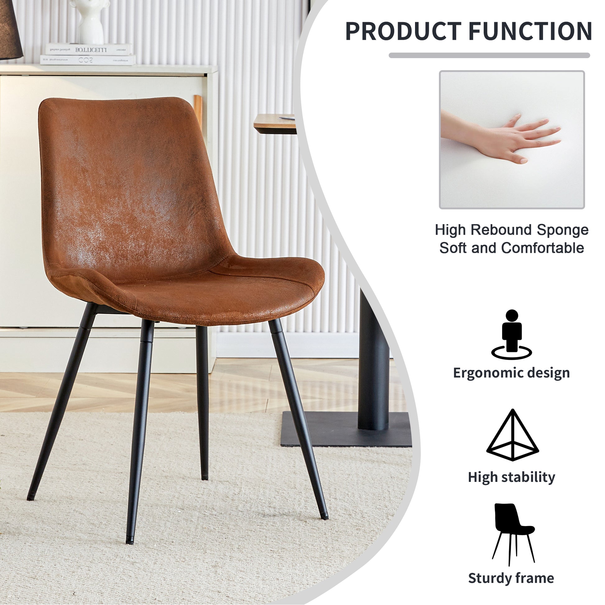 Brown faux leather dining chair with black metal legs
