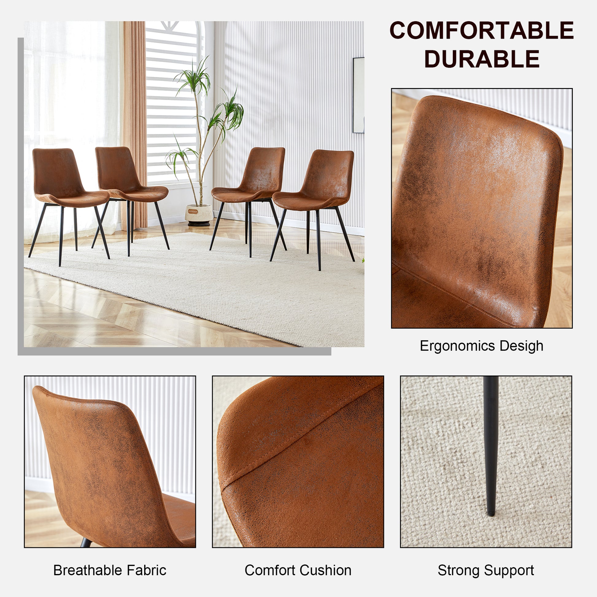 Set of four brown faux leather dining chairs with black metal legs