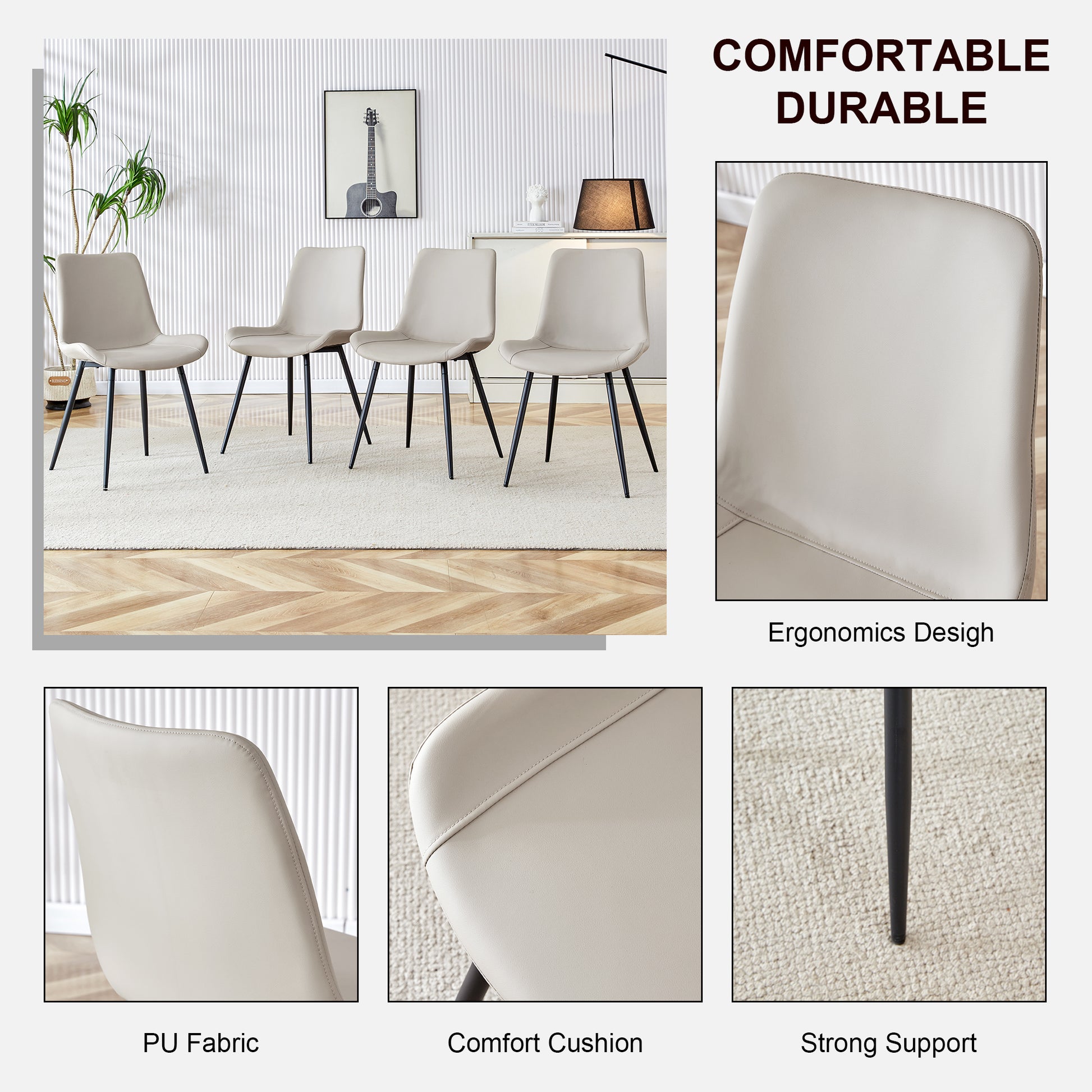 Set of four modern beige PU leather dining chairs with black metal legs