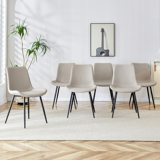 Set of six taupe dining chairs with black metal legs