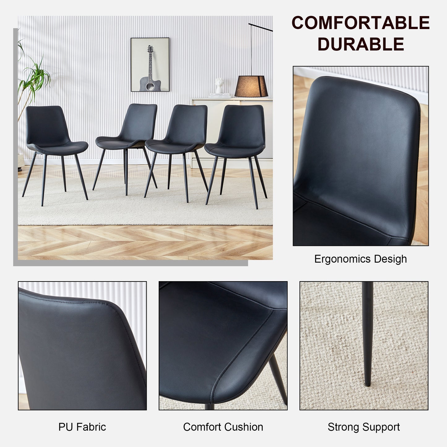 Set of four black PU fabric dining chairs with black metal legs
