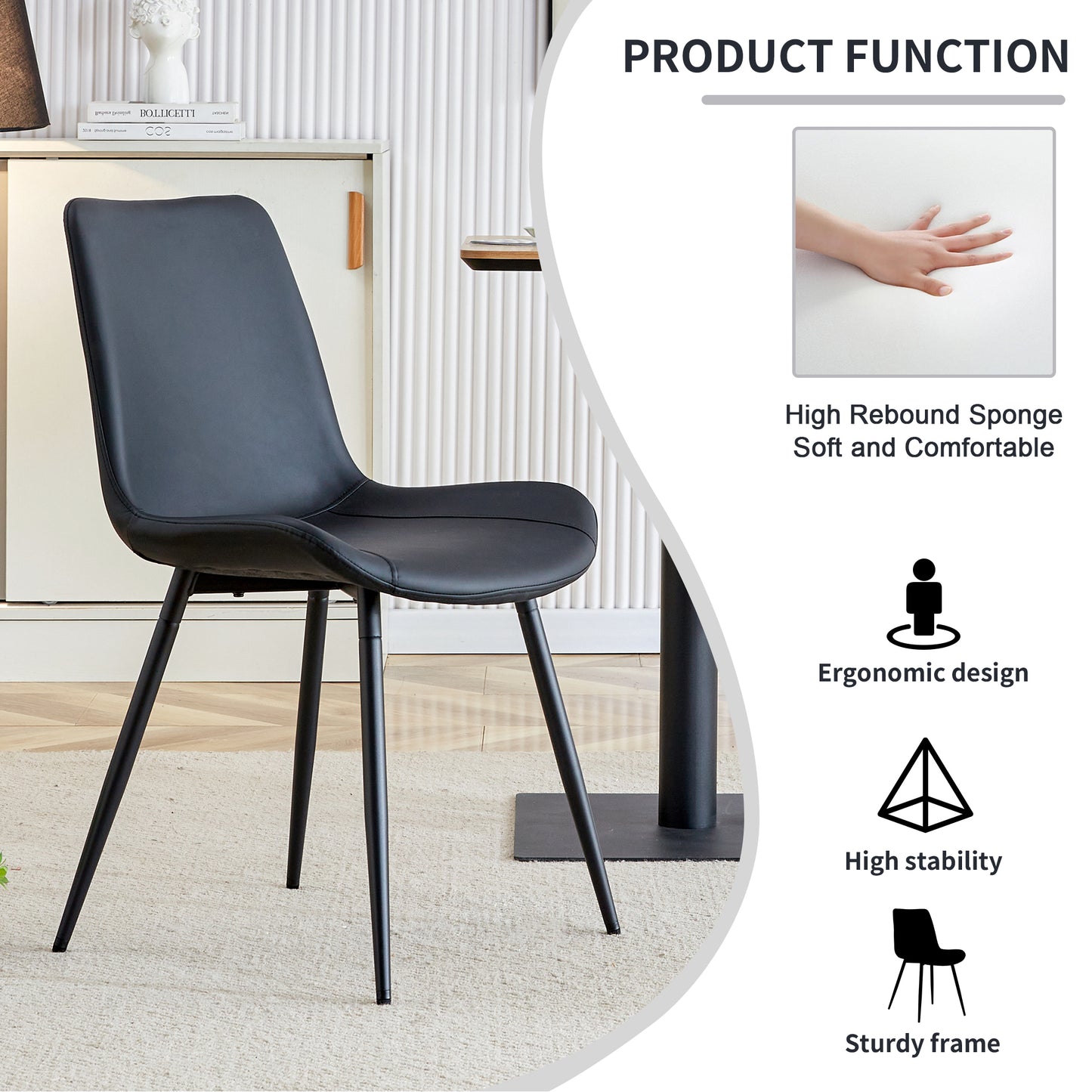 Black faux leather dining chair with slim metal legs
