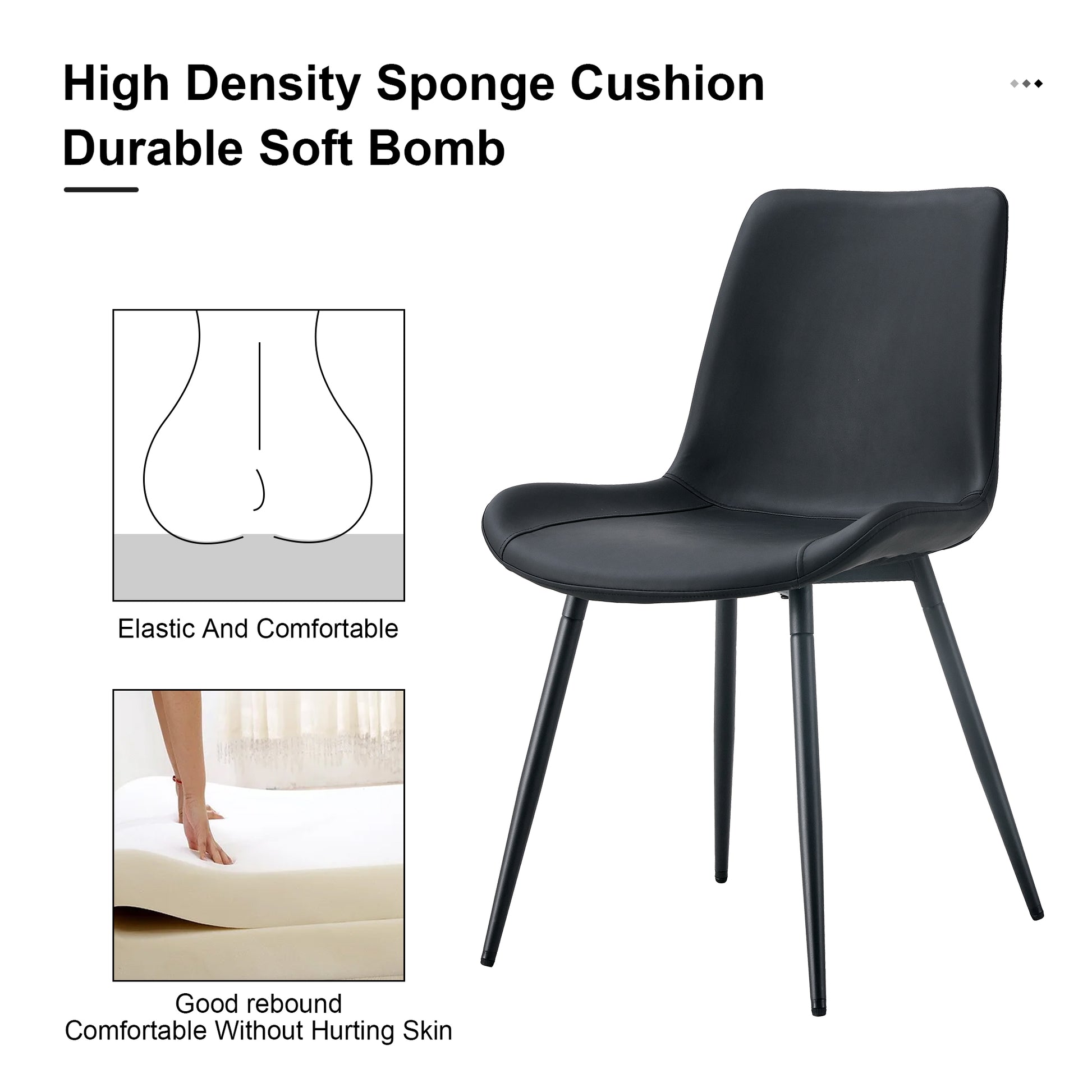 Black faux leather dining chair with sleek metal legs and a supportive cushion