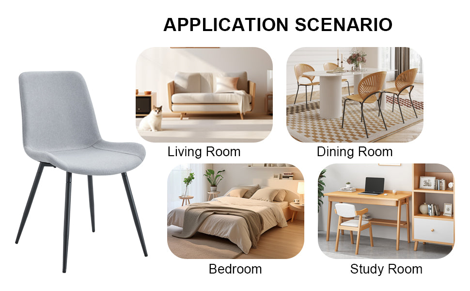Modern light grey upholstered dining chair with black metal legs