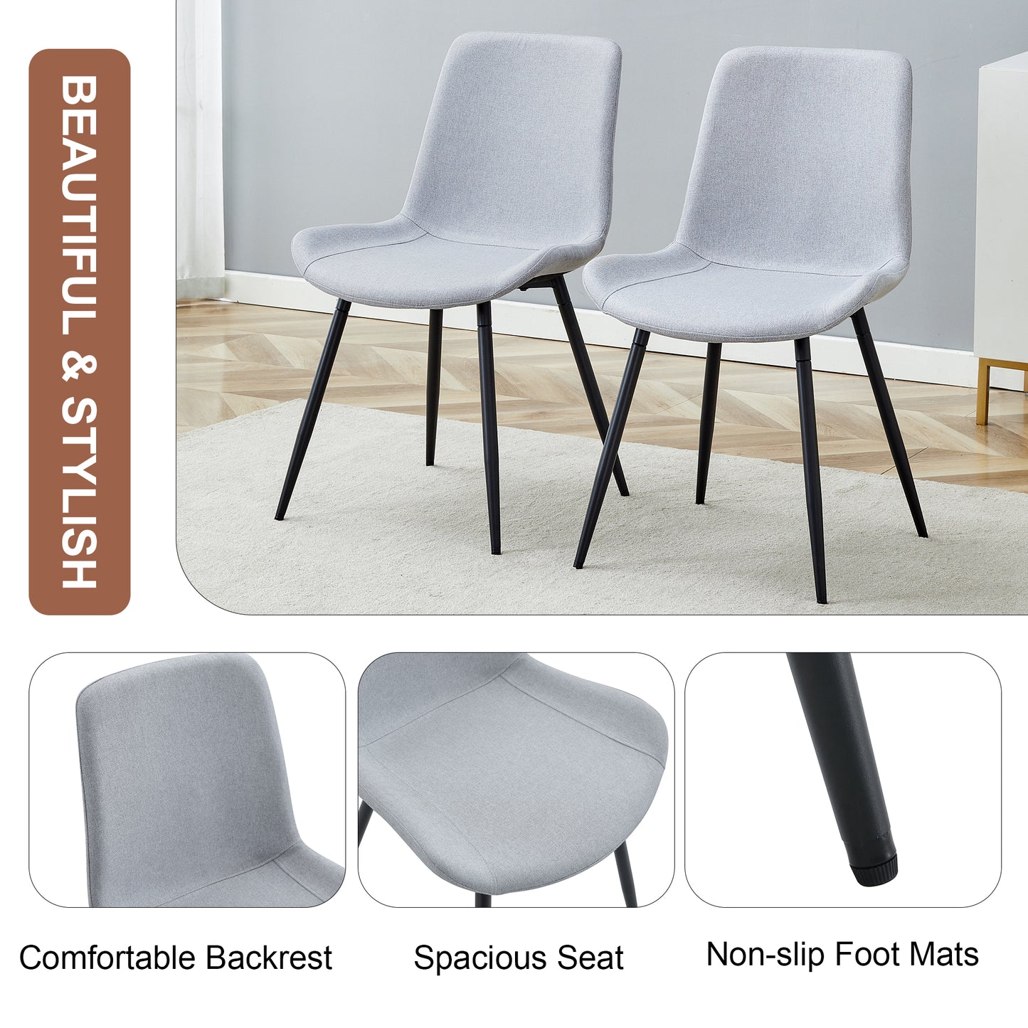 Grey fabric dining chairs with black metal legs