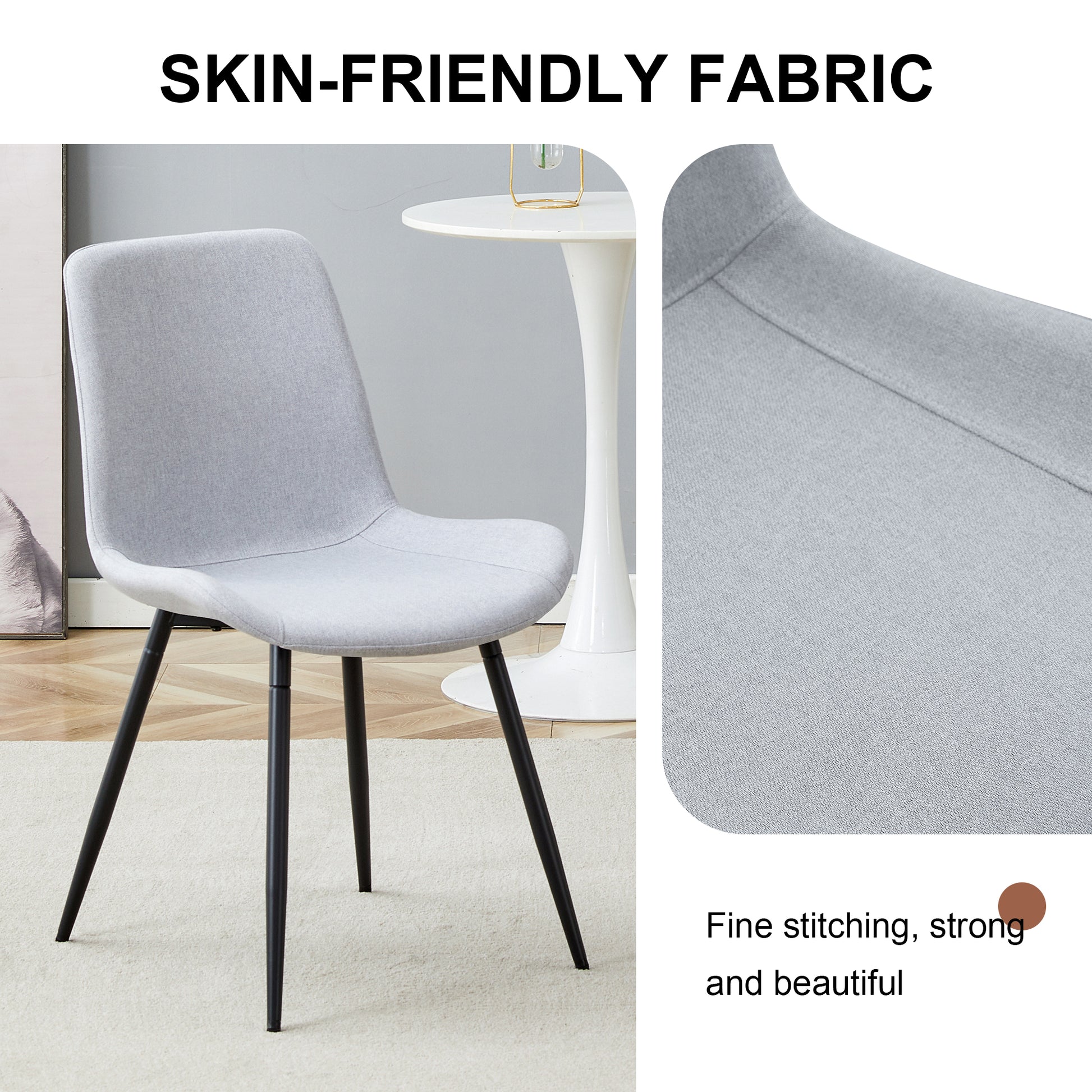 Light gray fabric dining chair with black metal legs