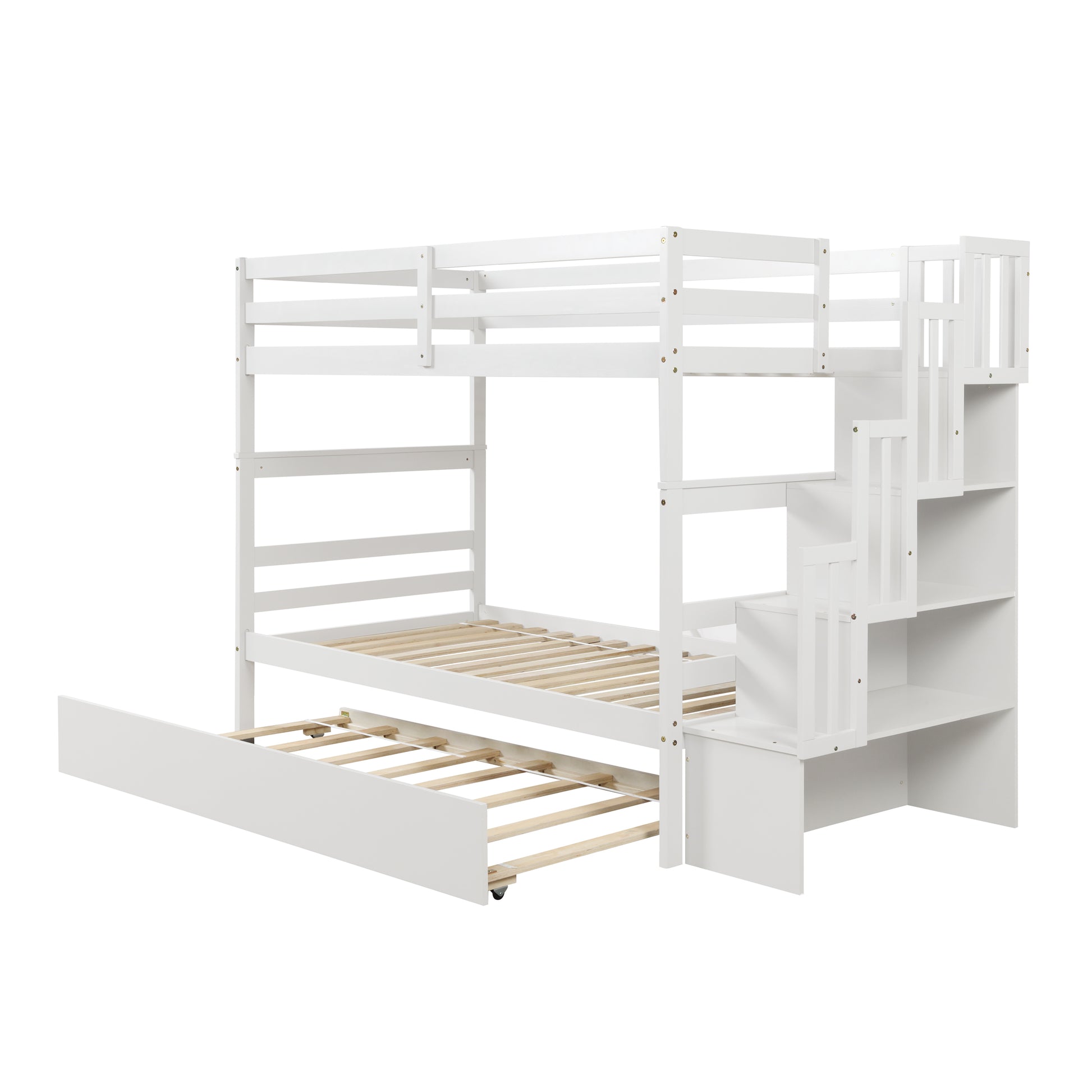 White wooden triple bunk bed with stairs and pullout trundle