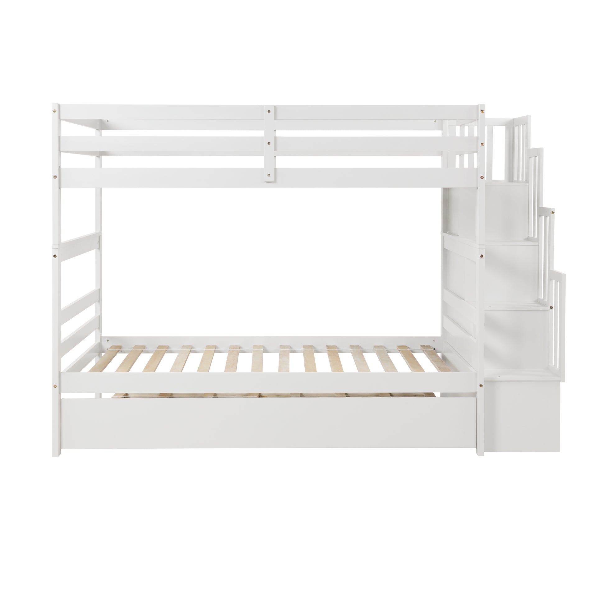 White wooden bunk bed with stairs and storage drawers