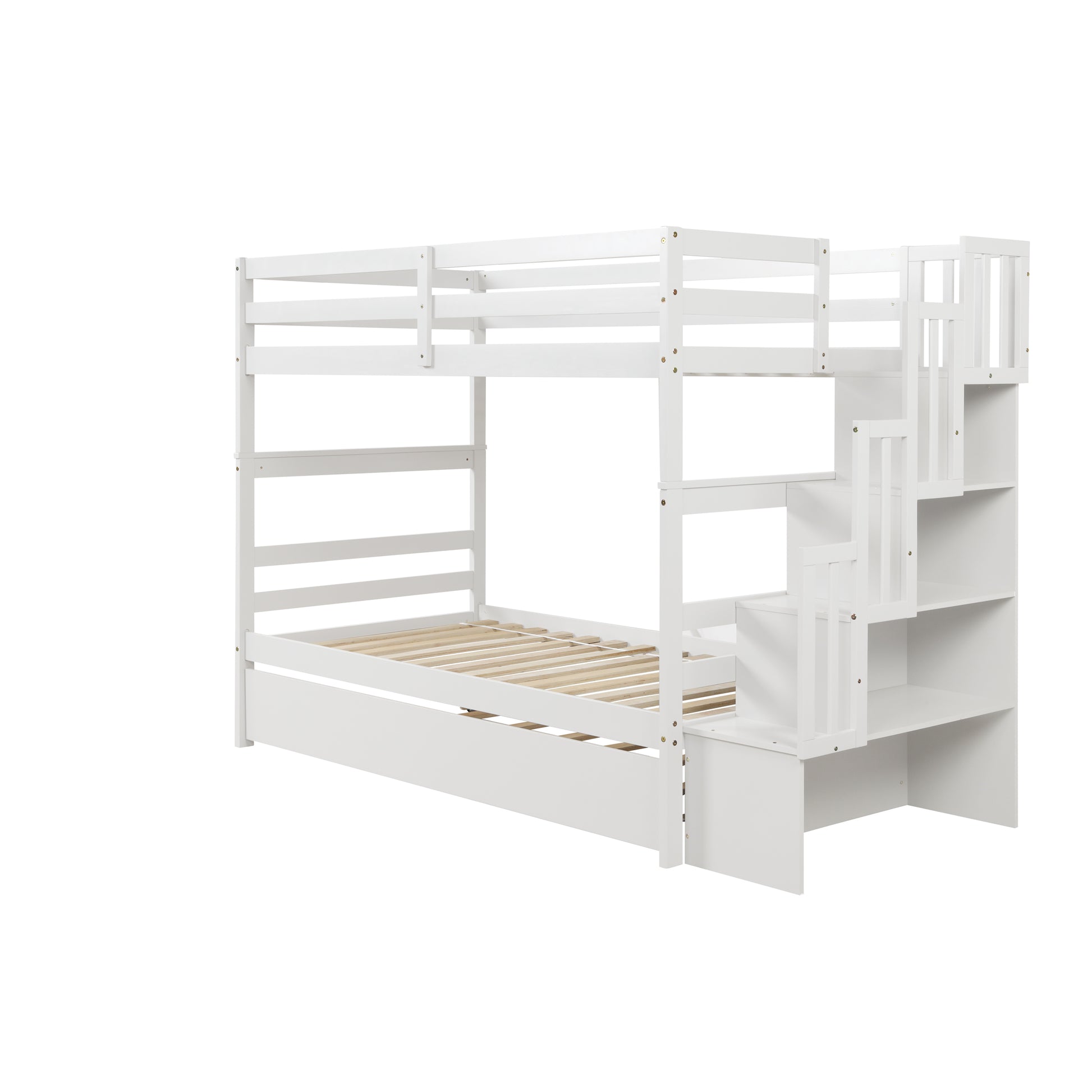 White wooden bunk bed with integrated staircase and storage