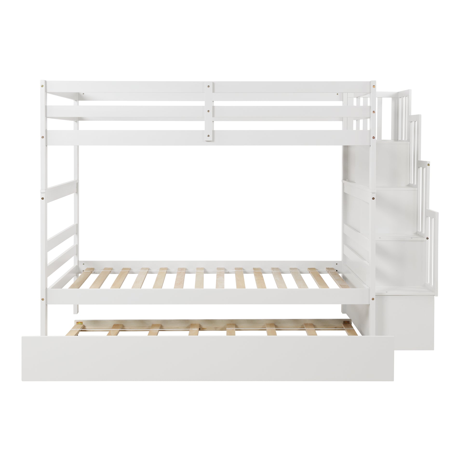 White wooden triple bunk bed with stairs and pullout trundle