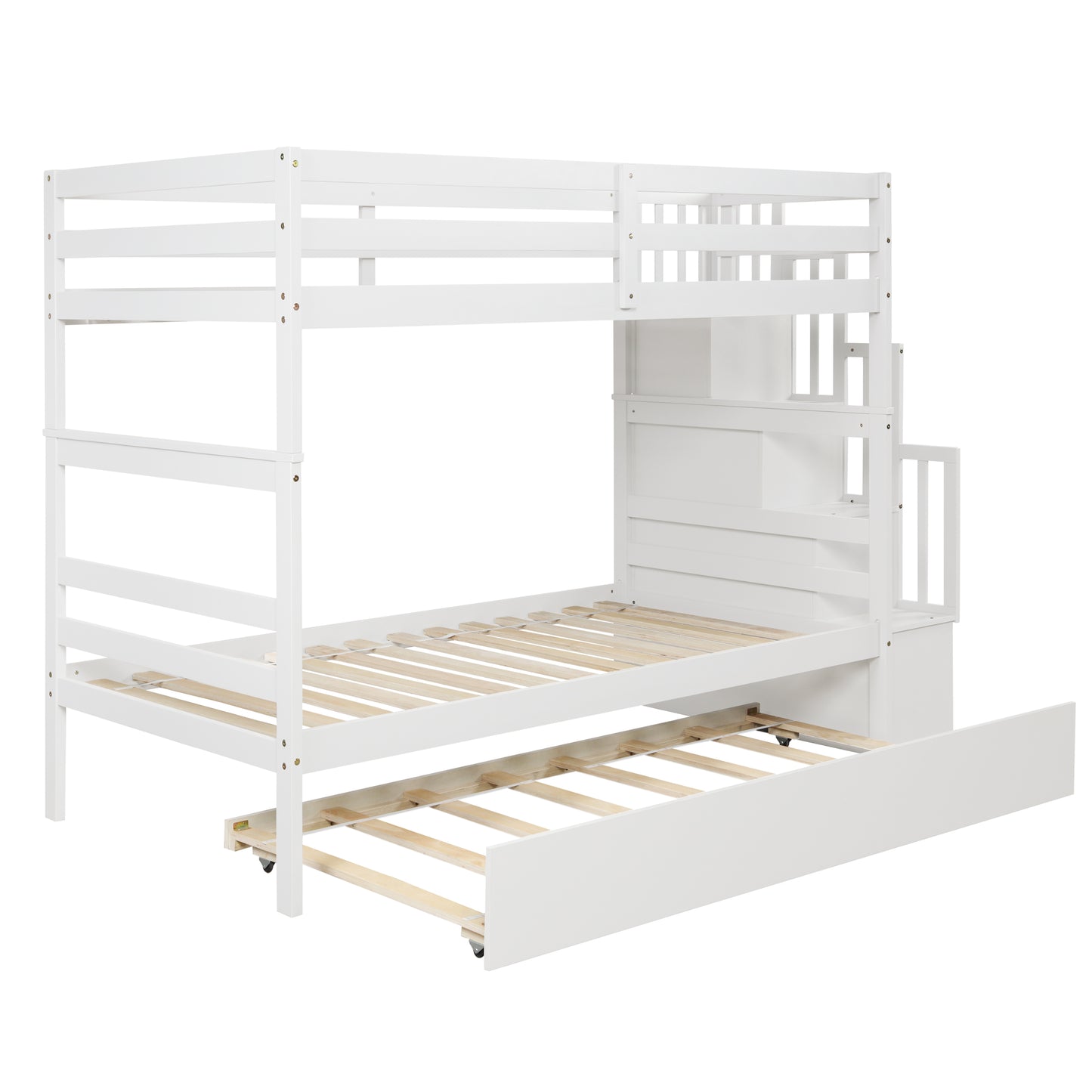 White wooden bunk bed with trundle and stairs
