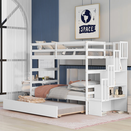 TREATLIFE HOME Twin Over Twin Bunk Beds with Twin Trundle and Stairway Storage, Solid Pinewood Construction, White Color