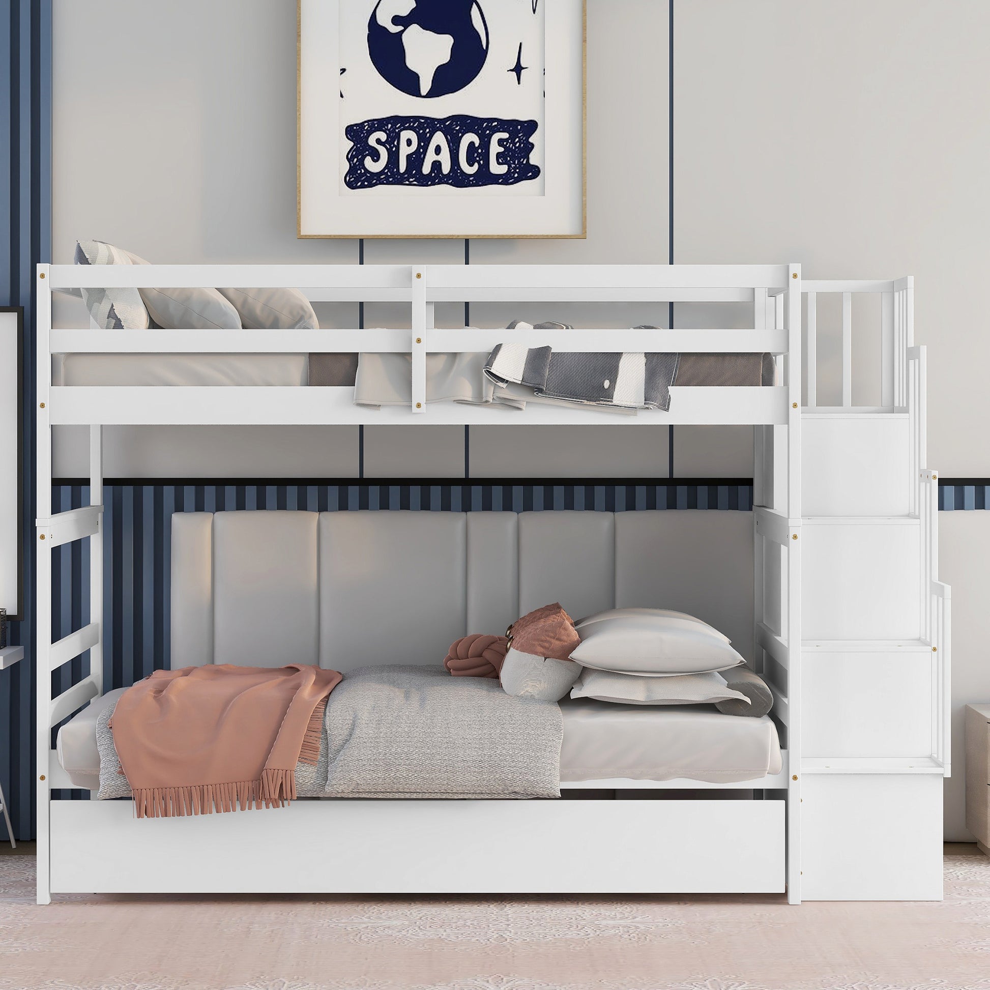 White wooden triple bunk bed with integrated storage stairs