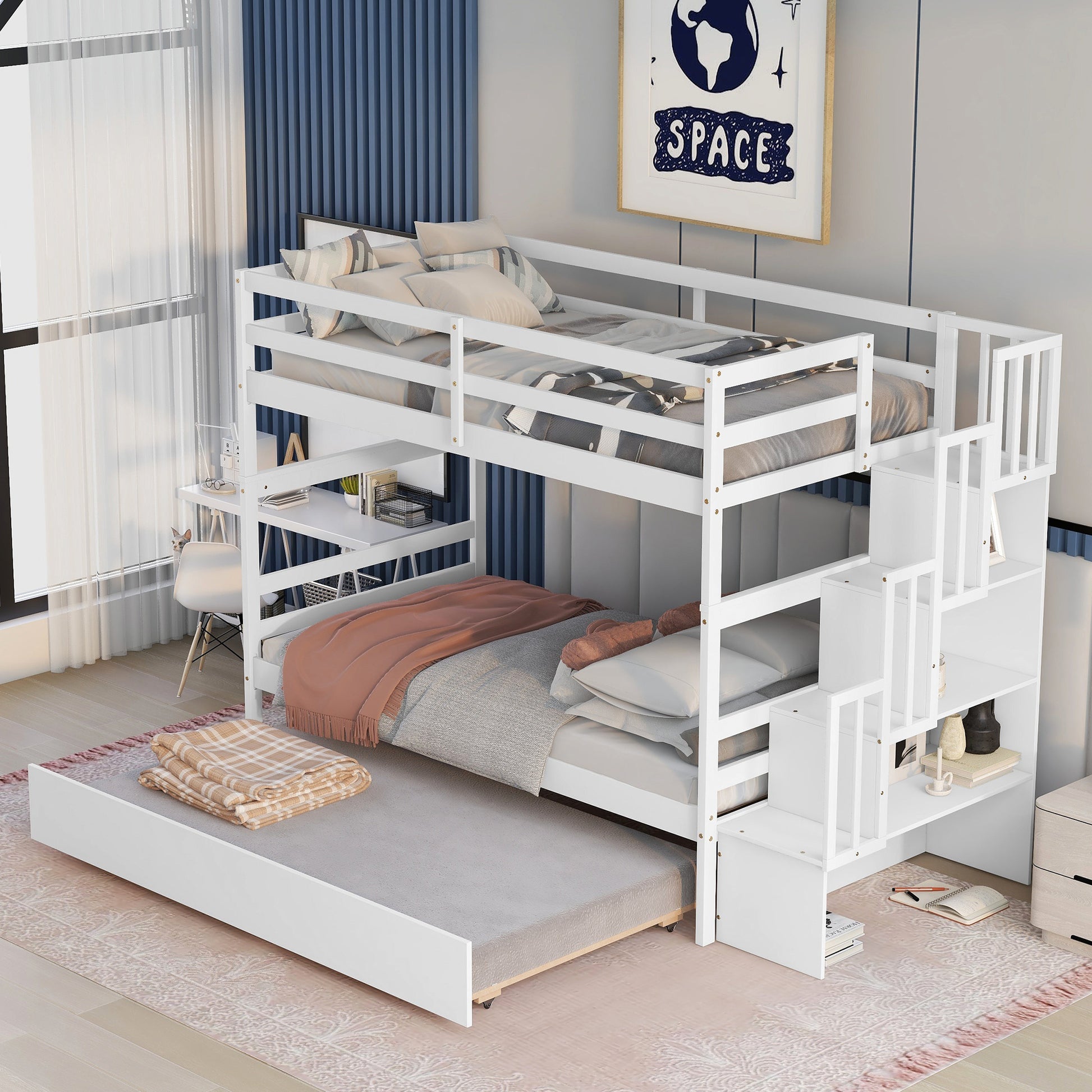 White wooden triple bunk bed with stairs and trundle