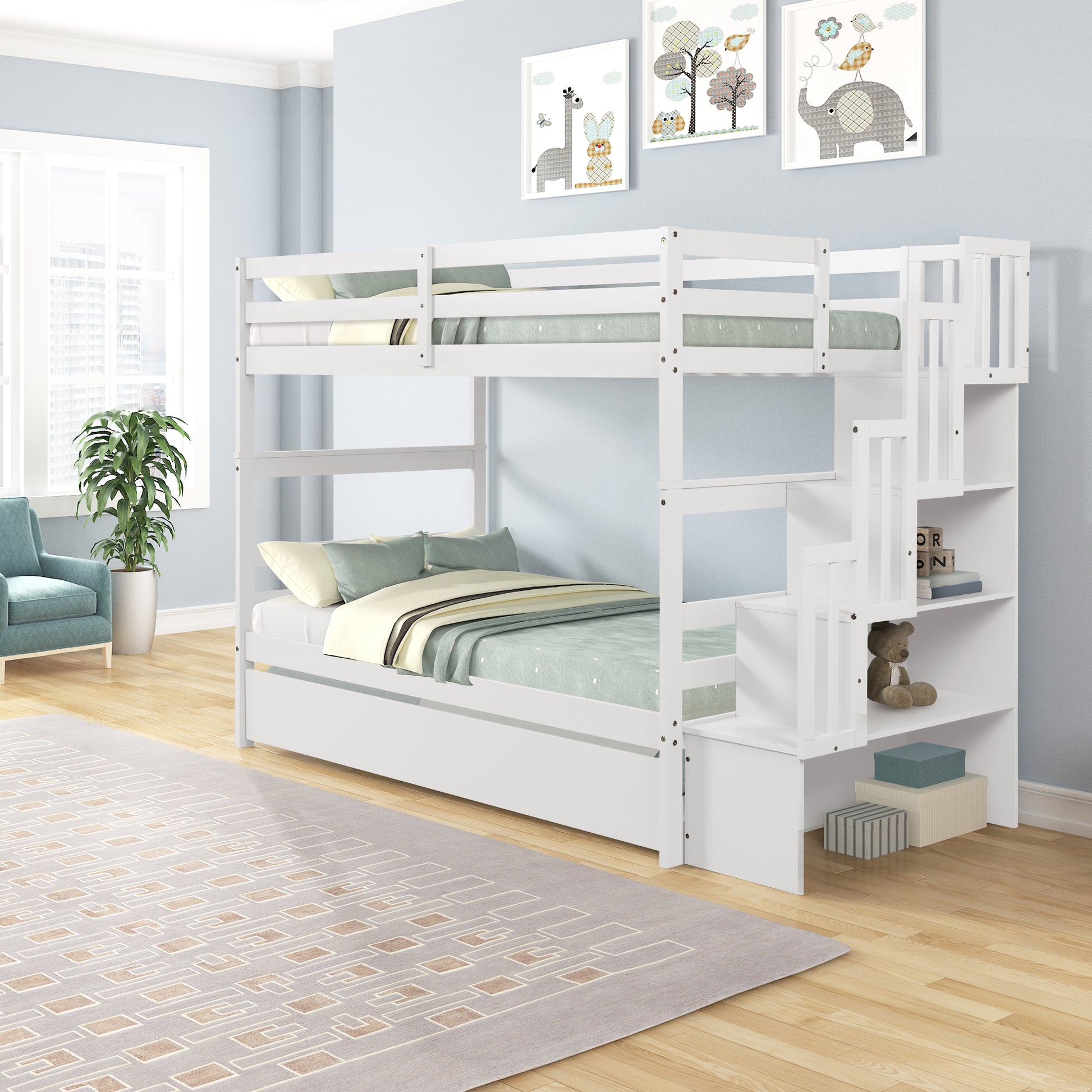 White wooden bunk bed with stairs and storage