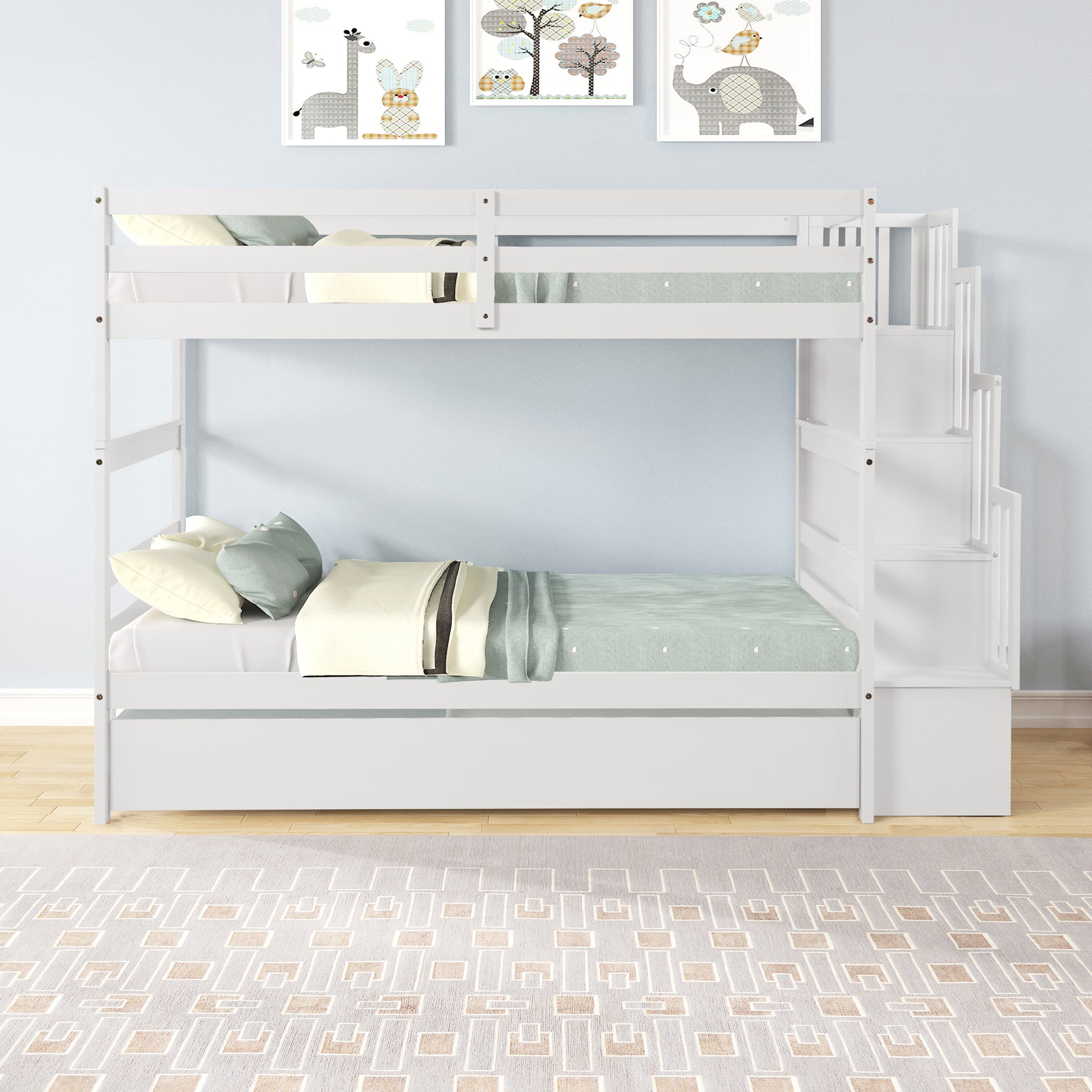 White wooden bunk bed with stairs and drawers