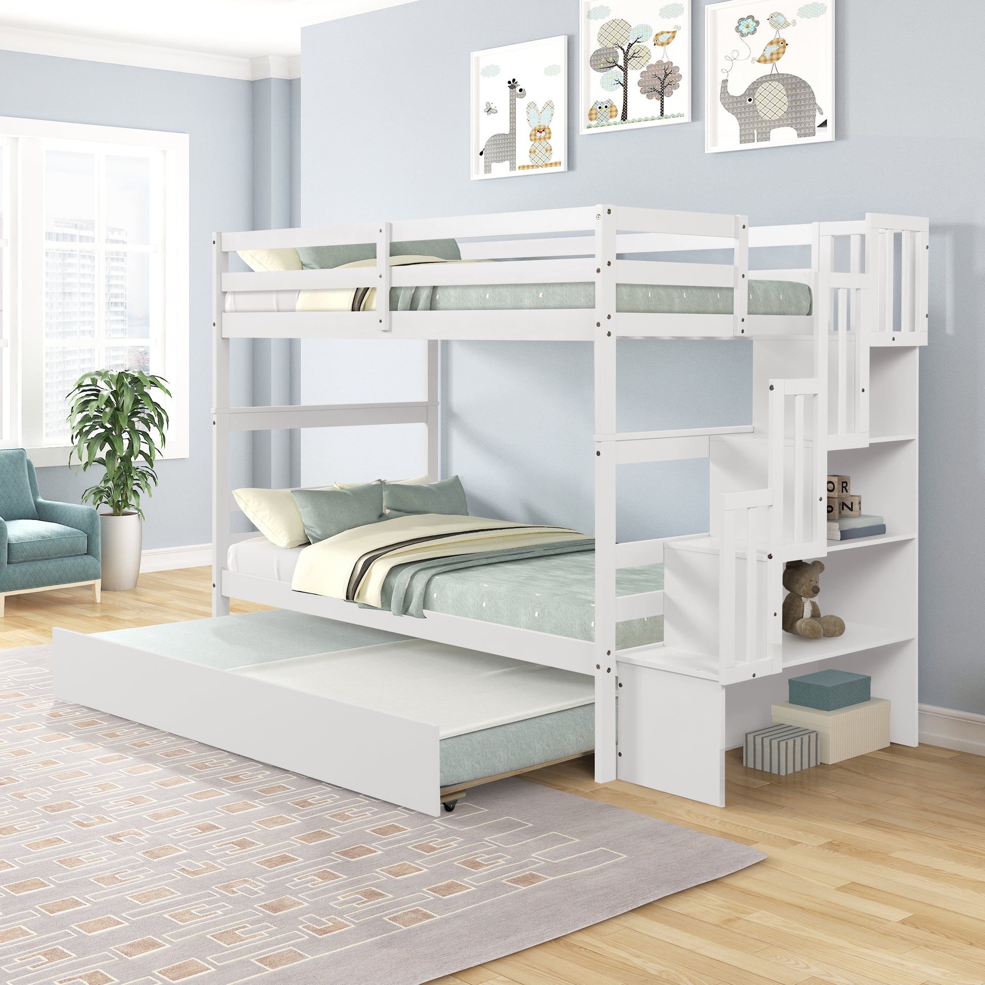 White wooden triple bunk bed with stairs and pullout trundle