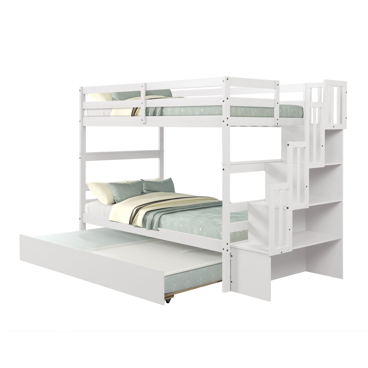 White wooden bunk bed with stairs and pullout trundle