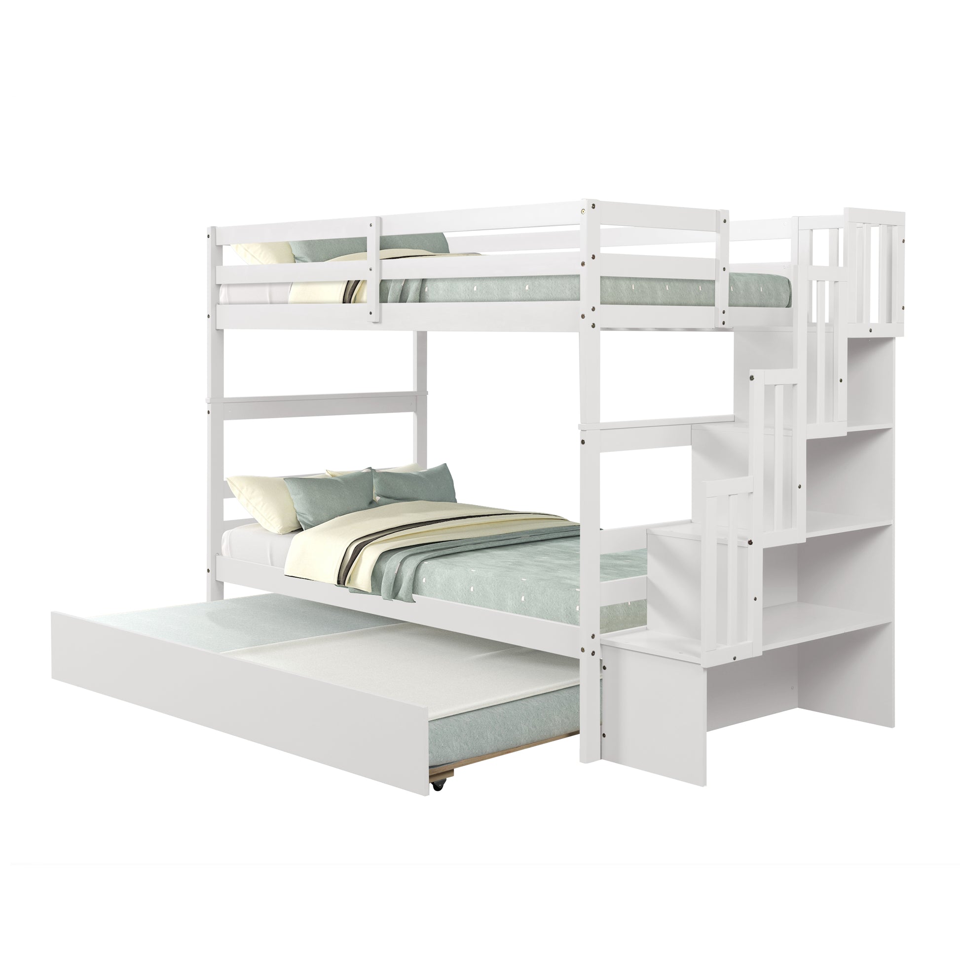White wooden bunk bed with stairs and pullout trundle