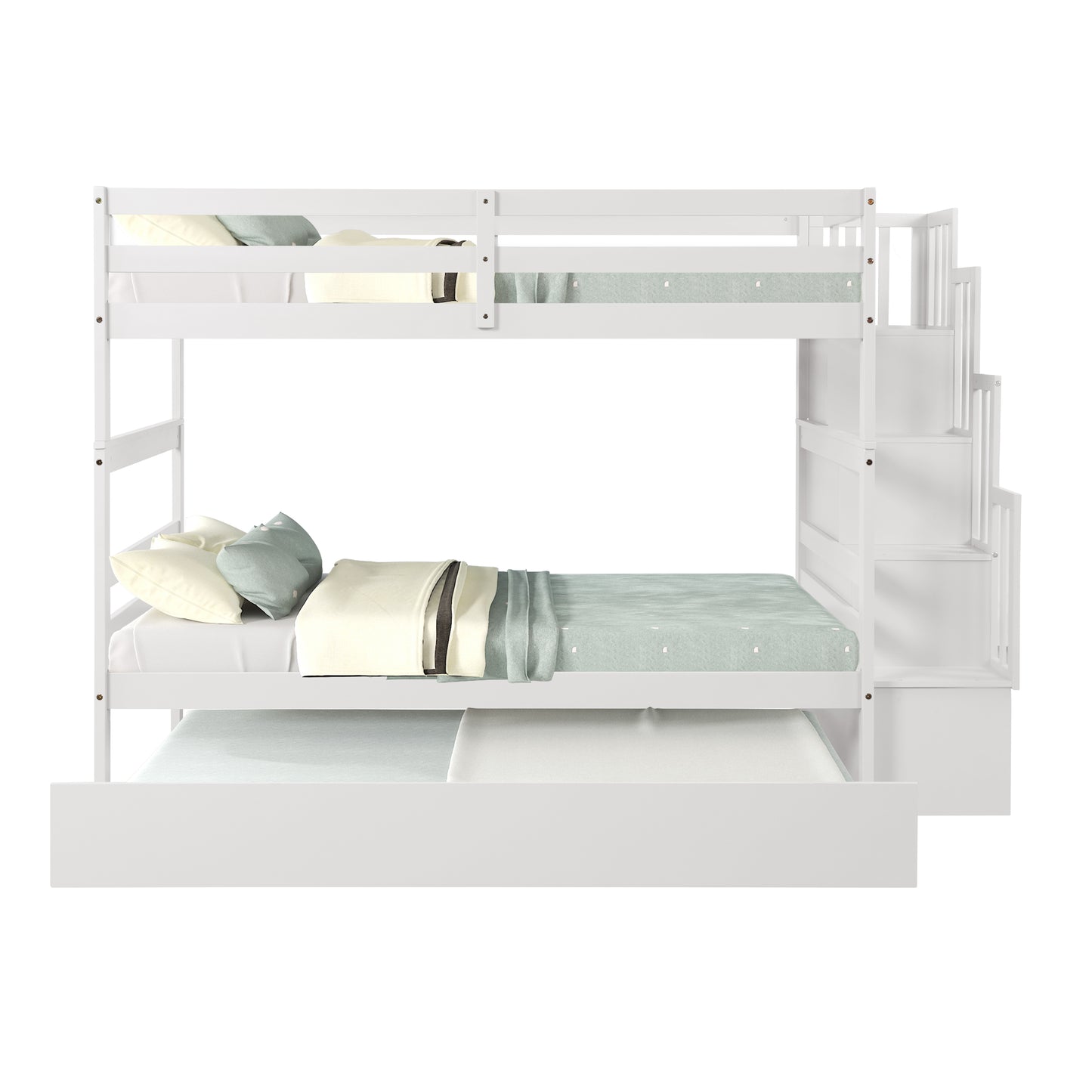 White wooden bunk bed with stairs and pullout trundle