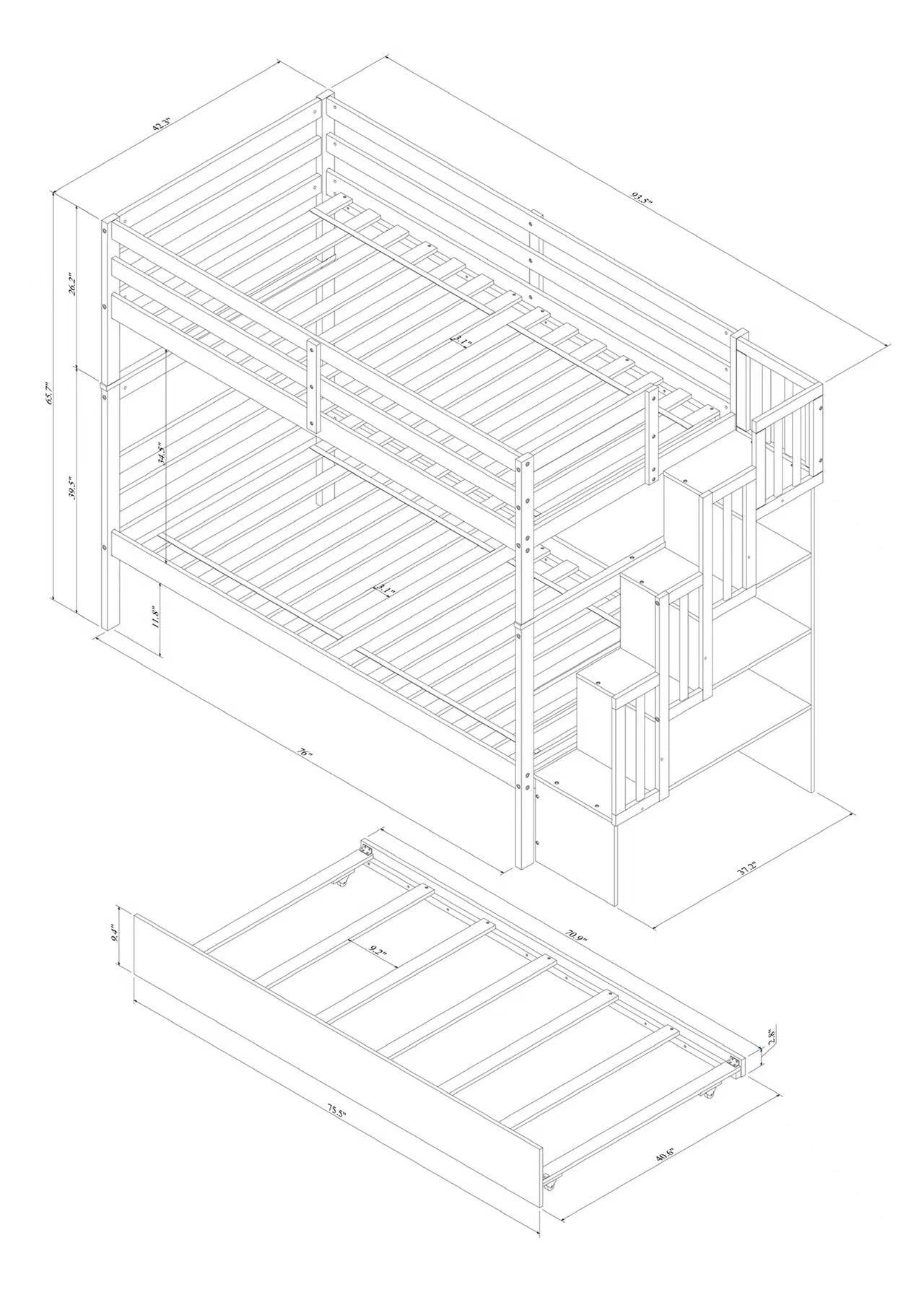 Wooden bunk bed with stairs and trundle