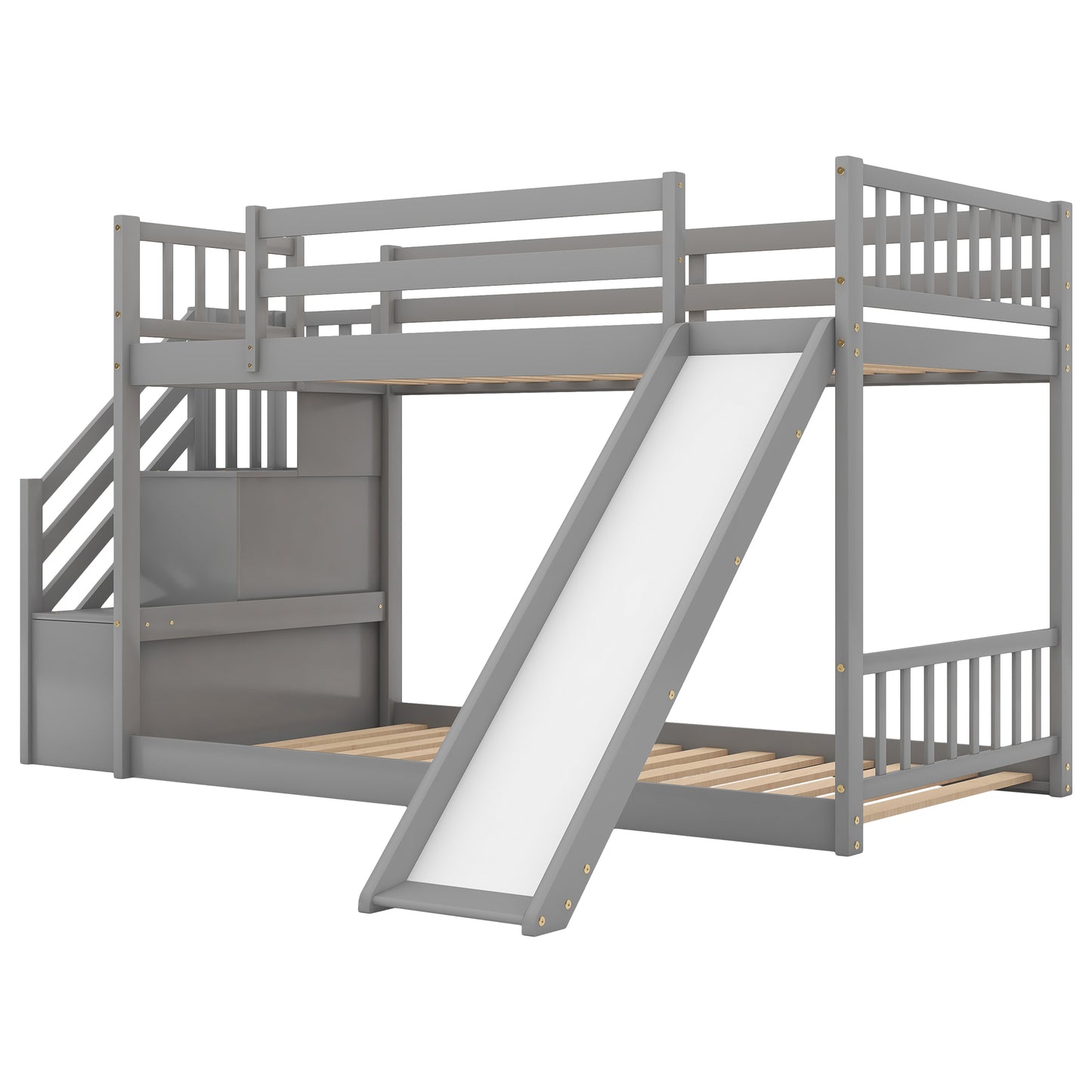 Gray wooden twin over twin bunk bed with slide and stairs