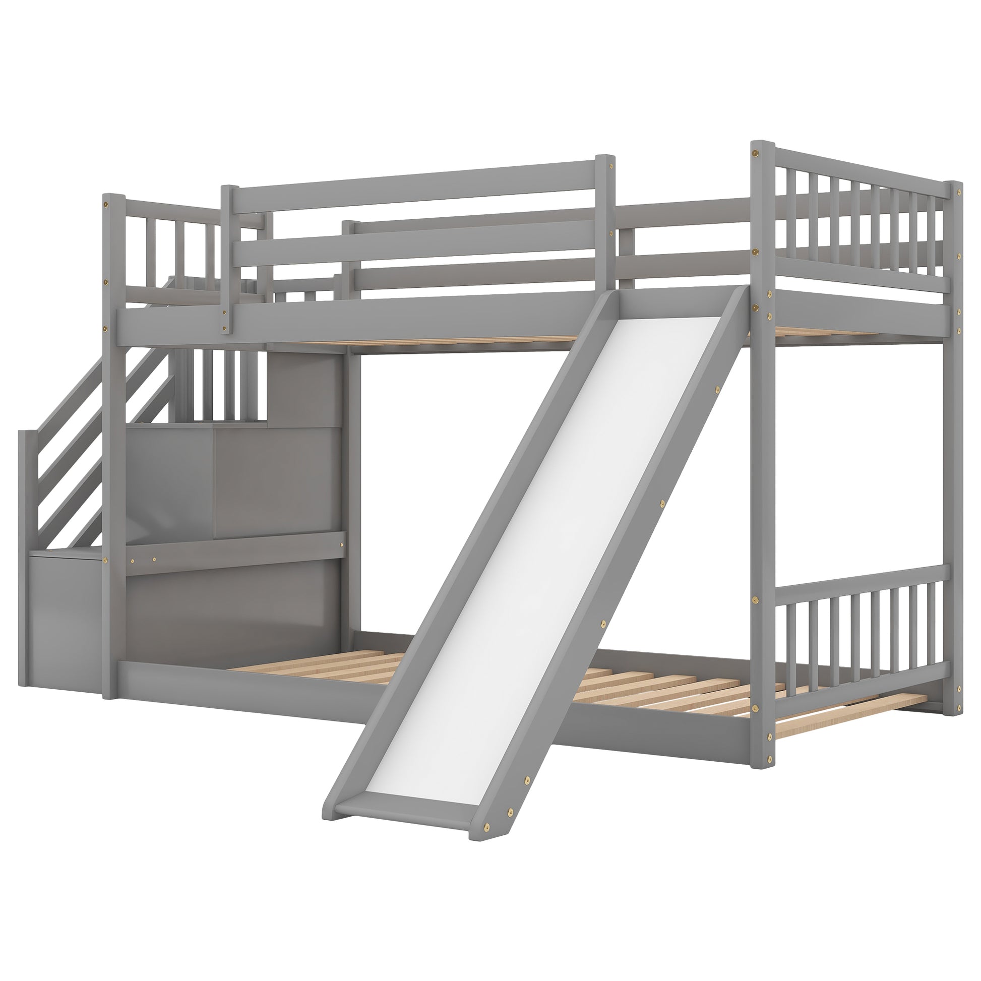 Gray wooden twin over twin bunk bed with slide and stairs