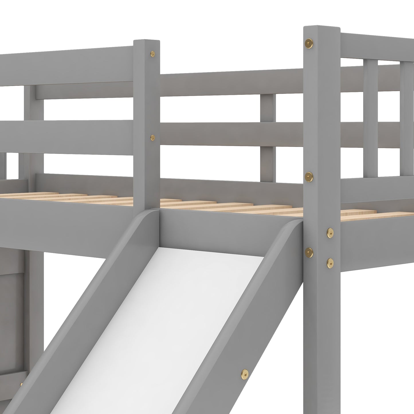 Gray wooden loft bed with slide