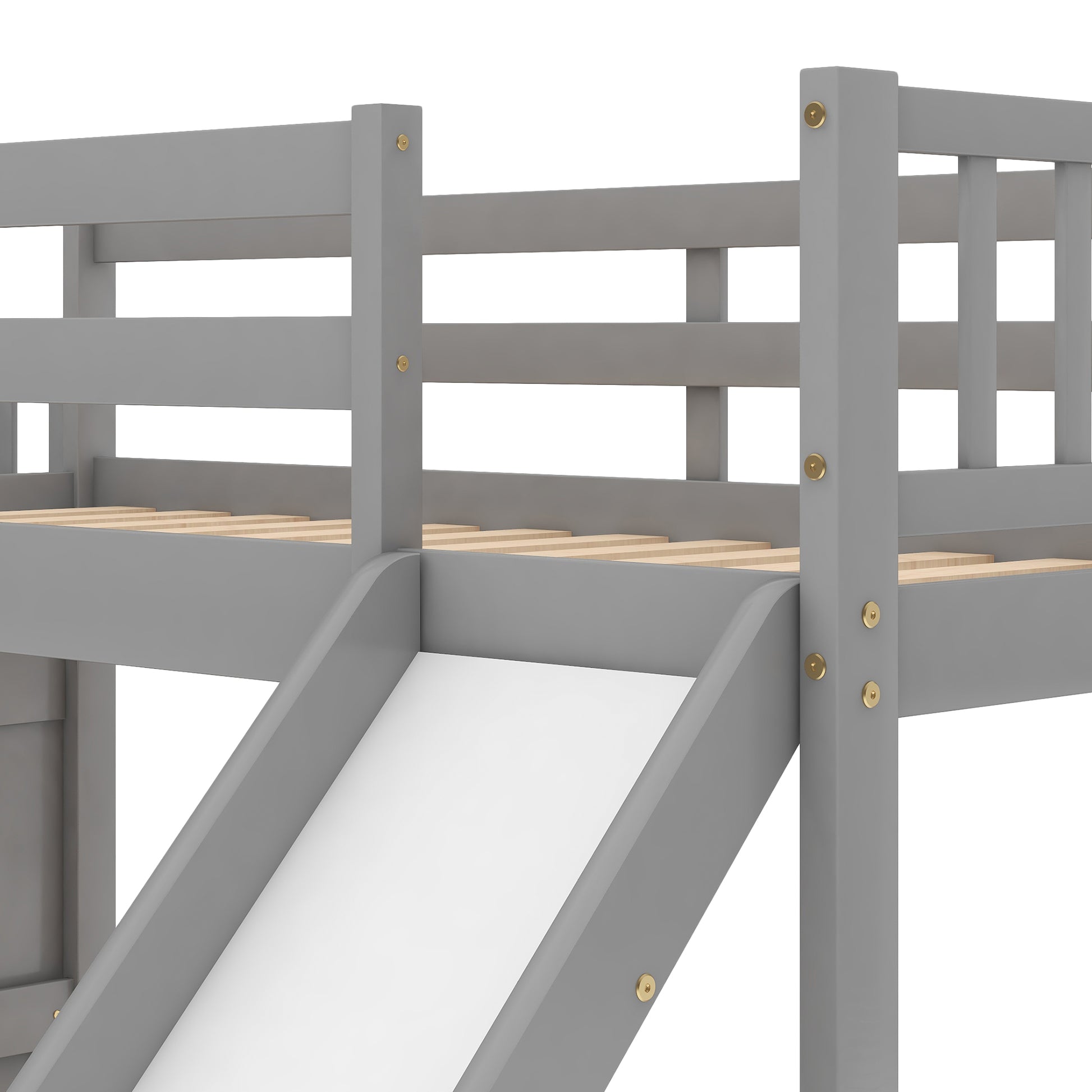 Gray wooden loft bed with slide