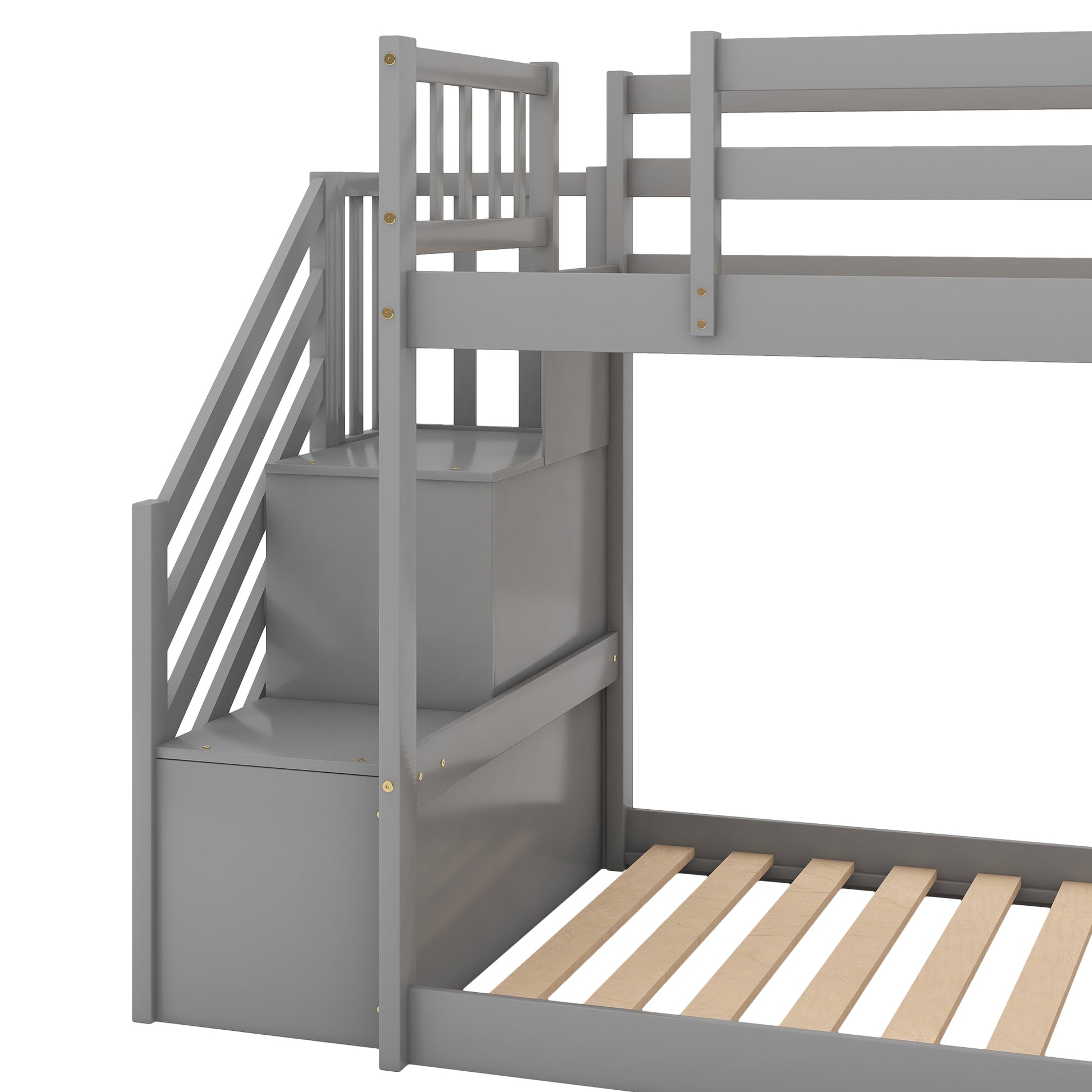 Gray wooden bunk bed with integrated storage stairs for children